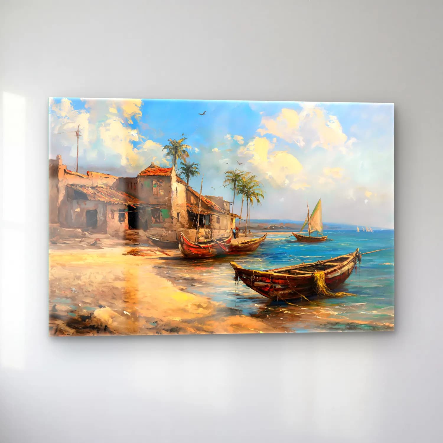 Yağlı Boya Liman ve Tekneler – Pastel Tonlar cam tablo — sol açıdan görünüm