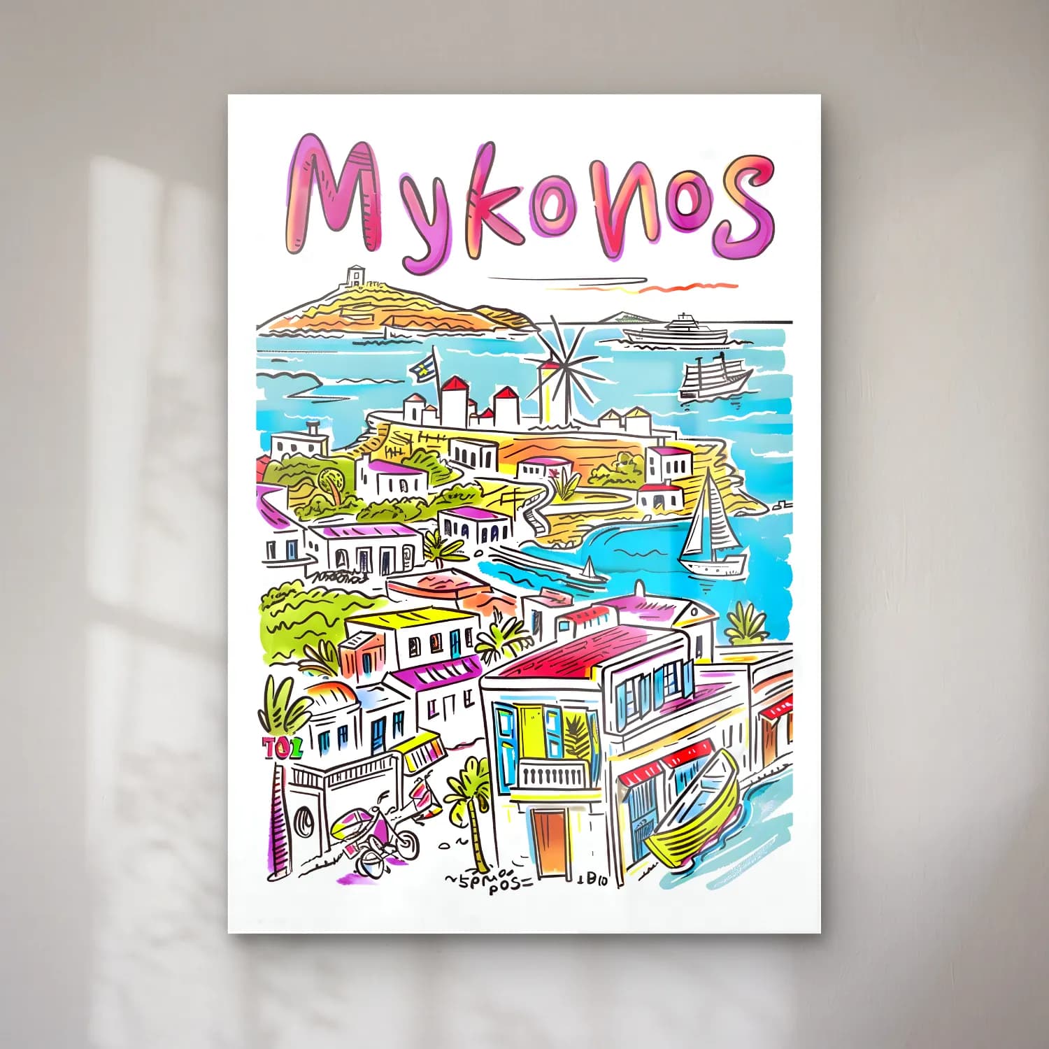 Maksimalist Yunan Adası – Pembe Tonlar cam tablo — Maksimalist Yunan Adası – Pembe Tonlar — maksimalist yunan adası
