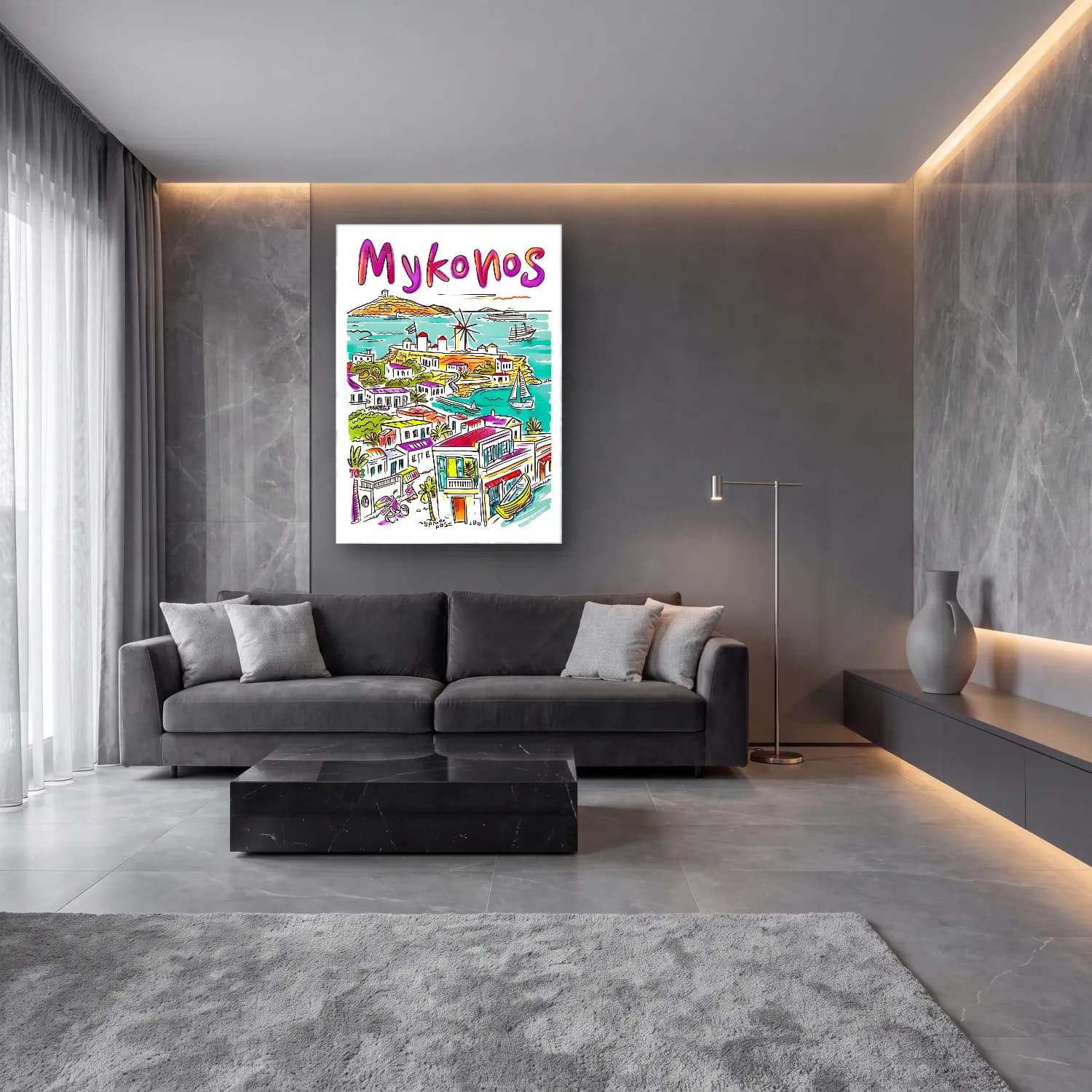 Maksimalist Yunan Adası – Pembe Tonlar cam tablo — lüks salon duvarında