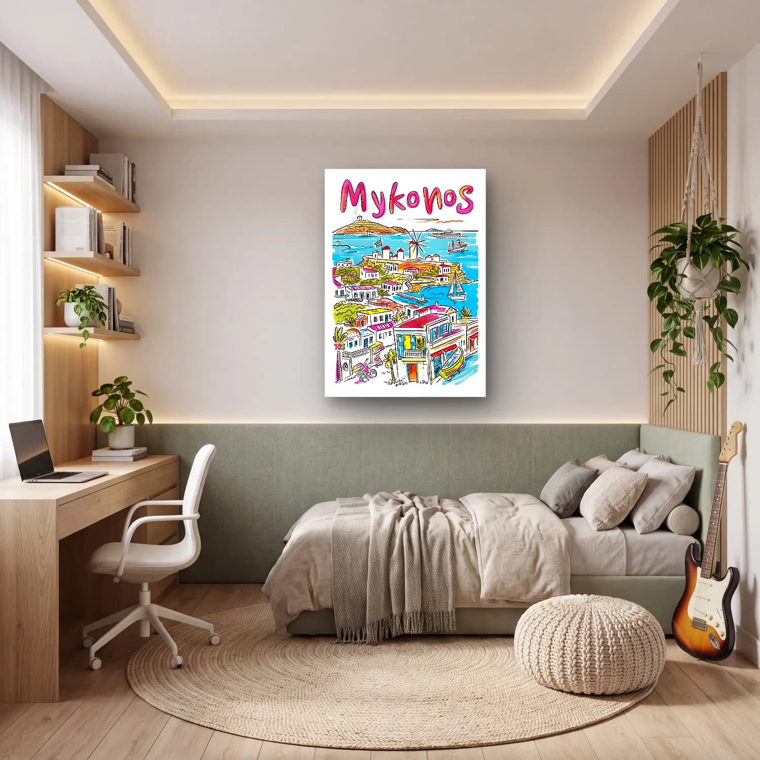 Maksimalist Yunan Adası – Pembe Tonlar cam tablo — genç odasında