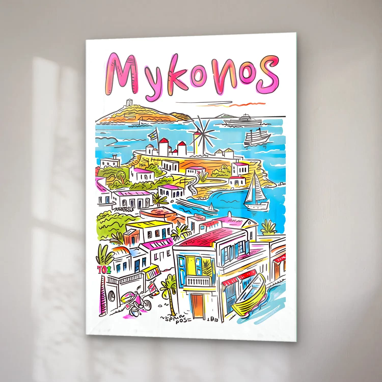 Maksimalist Yunan Adası – Pembe Tonlar cam tablo — sağ açıdan görünüm