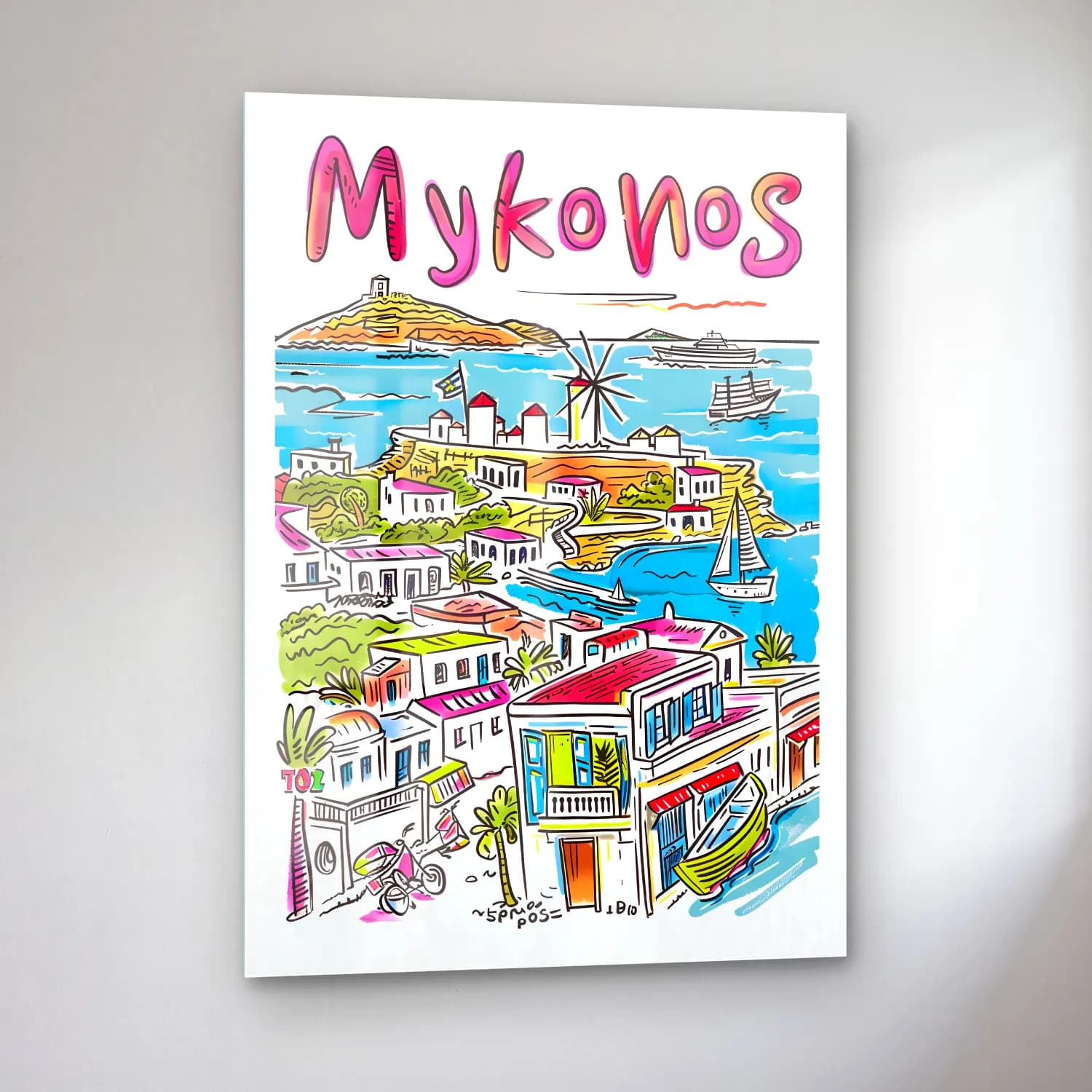 Maksimalist Yunan Adası – Pembe Tonlar cam tablo — sol açıdan görünüm