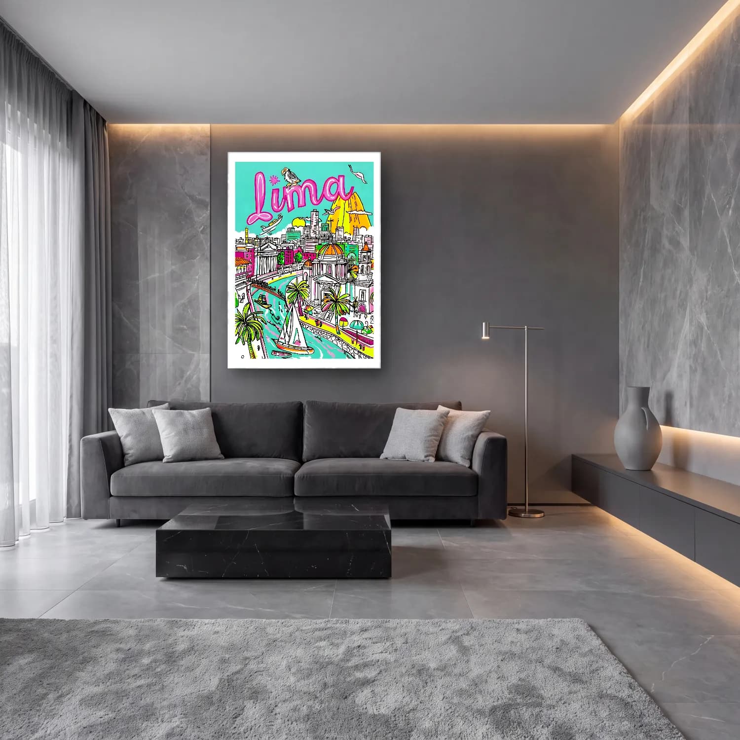 Maksimalist Londra No. 10 cam tablo — lüks salon duvarında