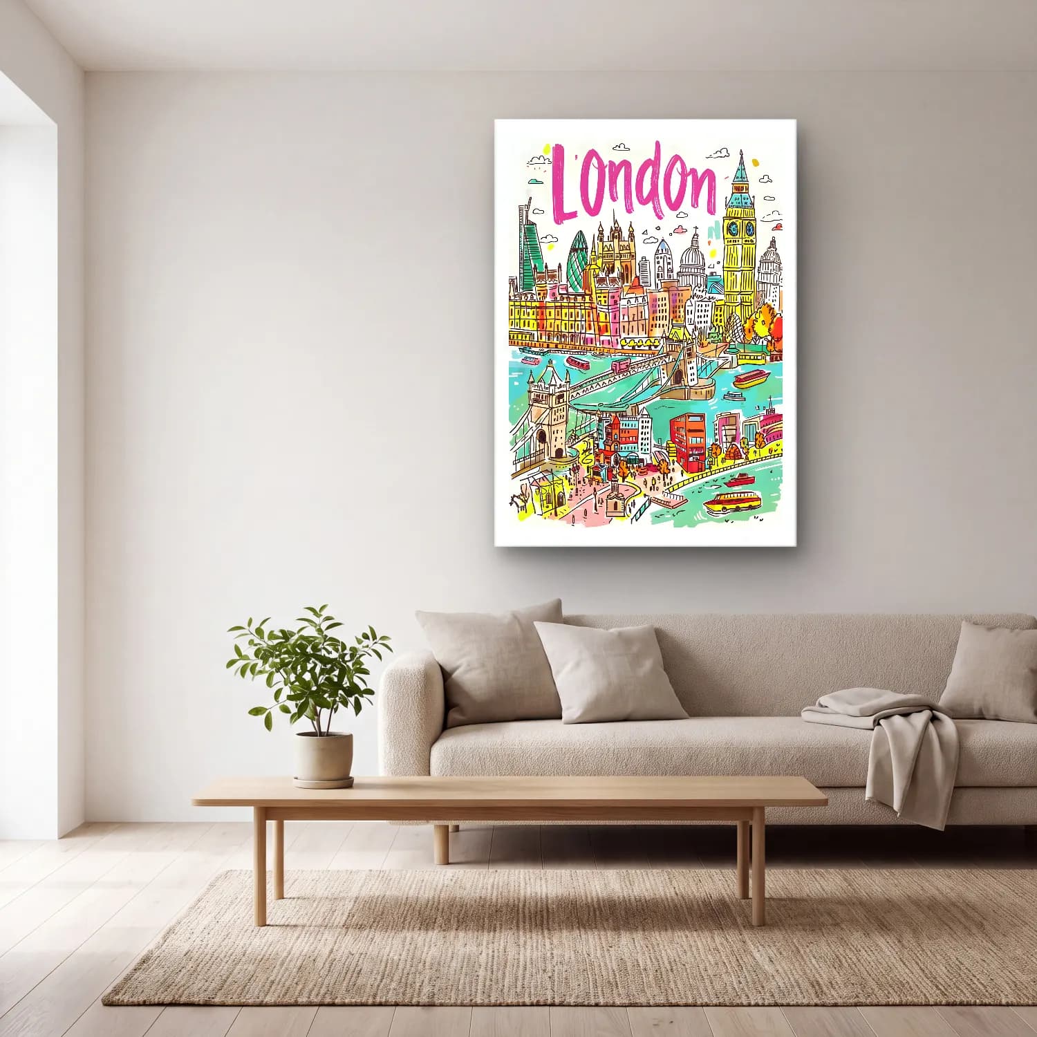 Vintage Londra No. 9 cam tablo — açık renk salonda