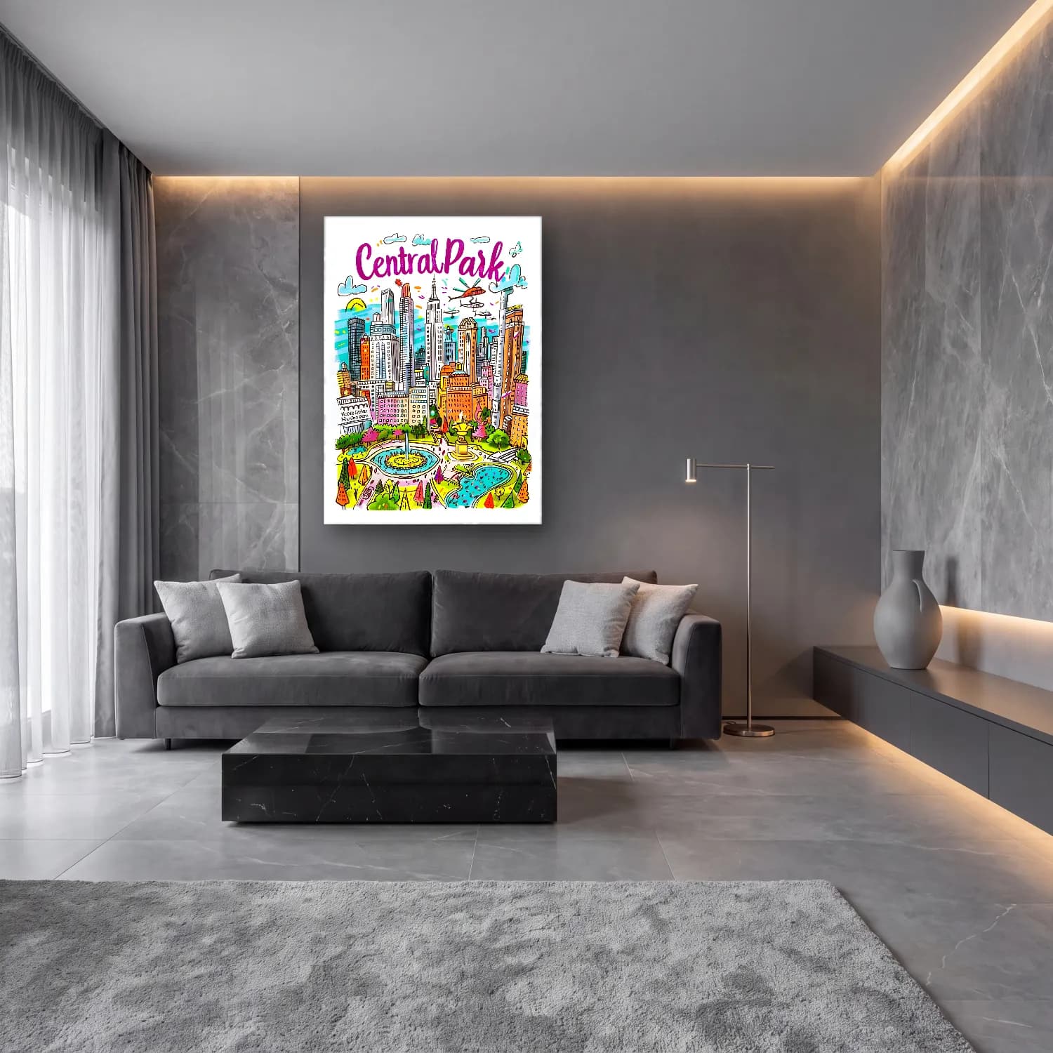 Pop Art New York Silüeti No. 8 cam tablo — lüks salon duvarında