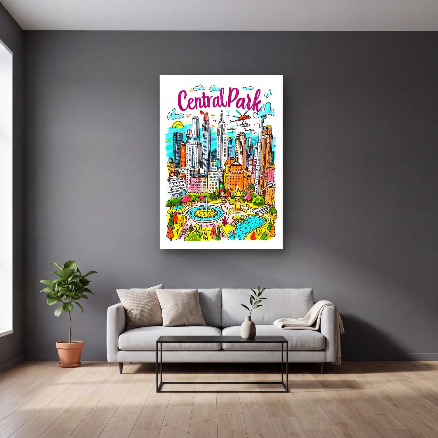 Pop Art New York Silüeti No. 8 cam tablo — gri duvarlı salonda