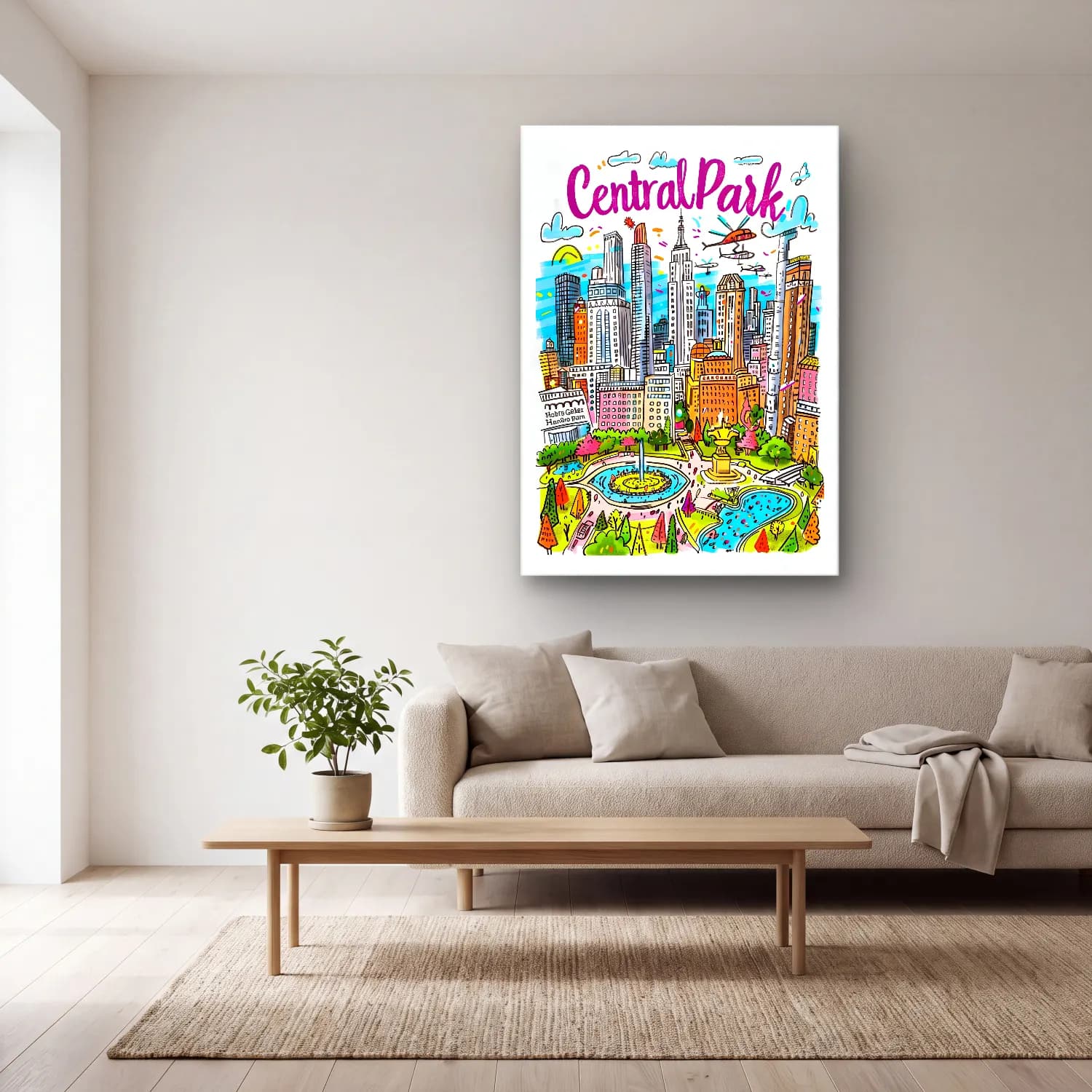 Pop Art New York Silüeti No. 8 cam tablo — açık renk salonda