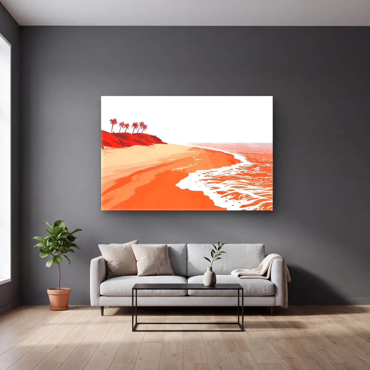 Simple Drawing – Indian Red – Turuncu Tonlar cam tablo — gri duvarlı salonda