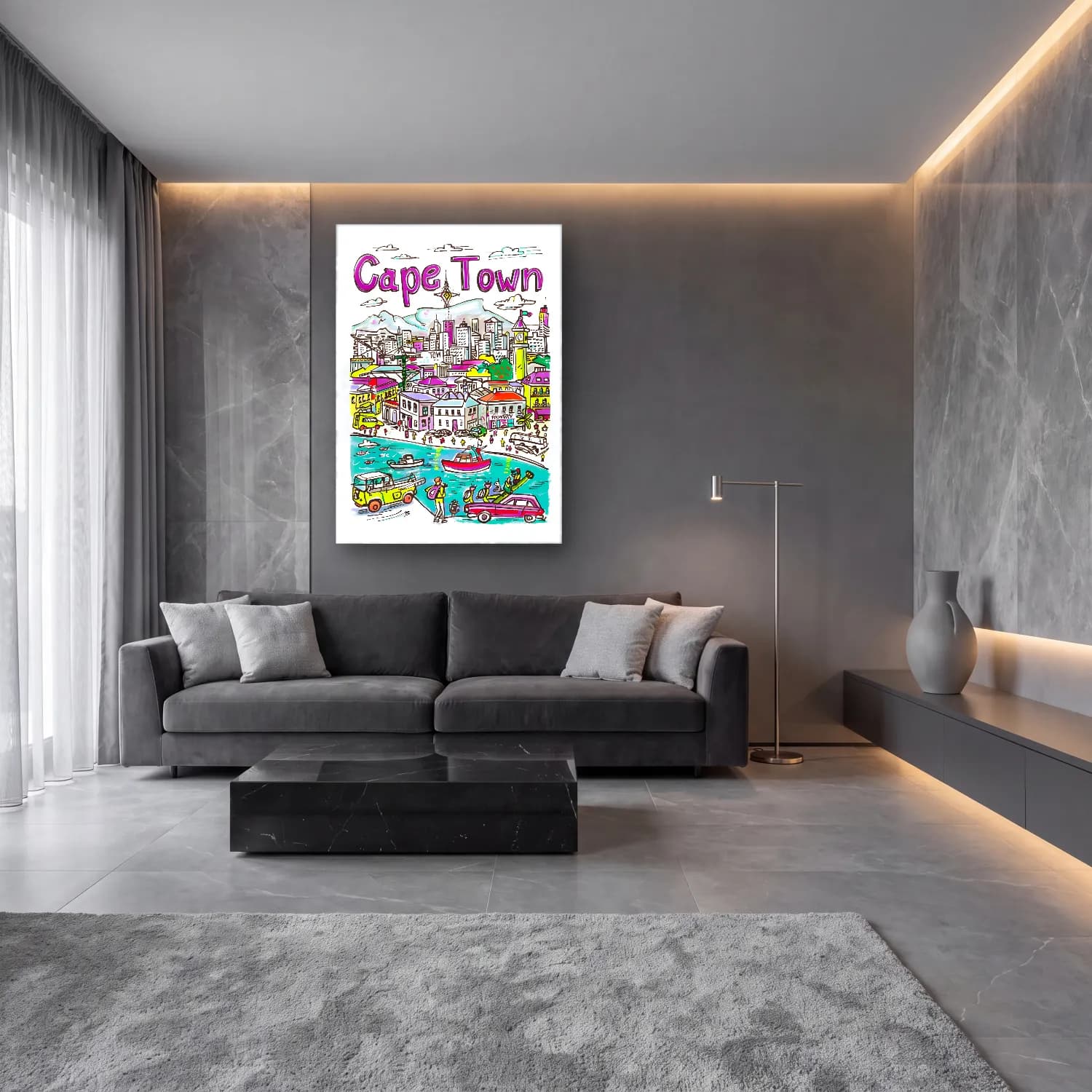 Pop Art Liman ve Tekneler – Pembe Tonlar cam tablo — lüks salon duvarında