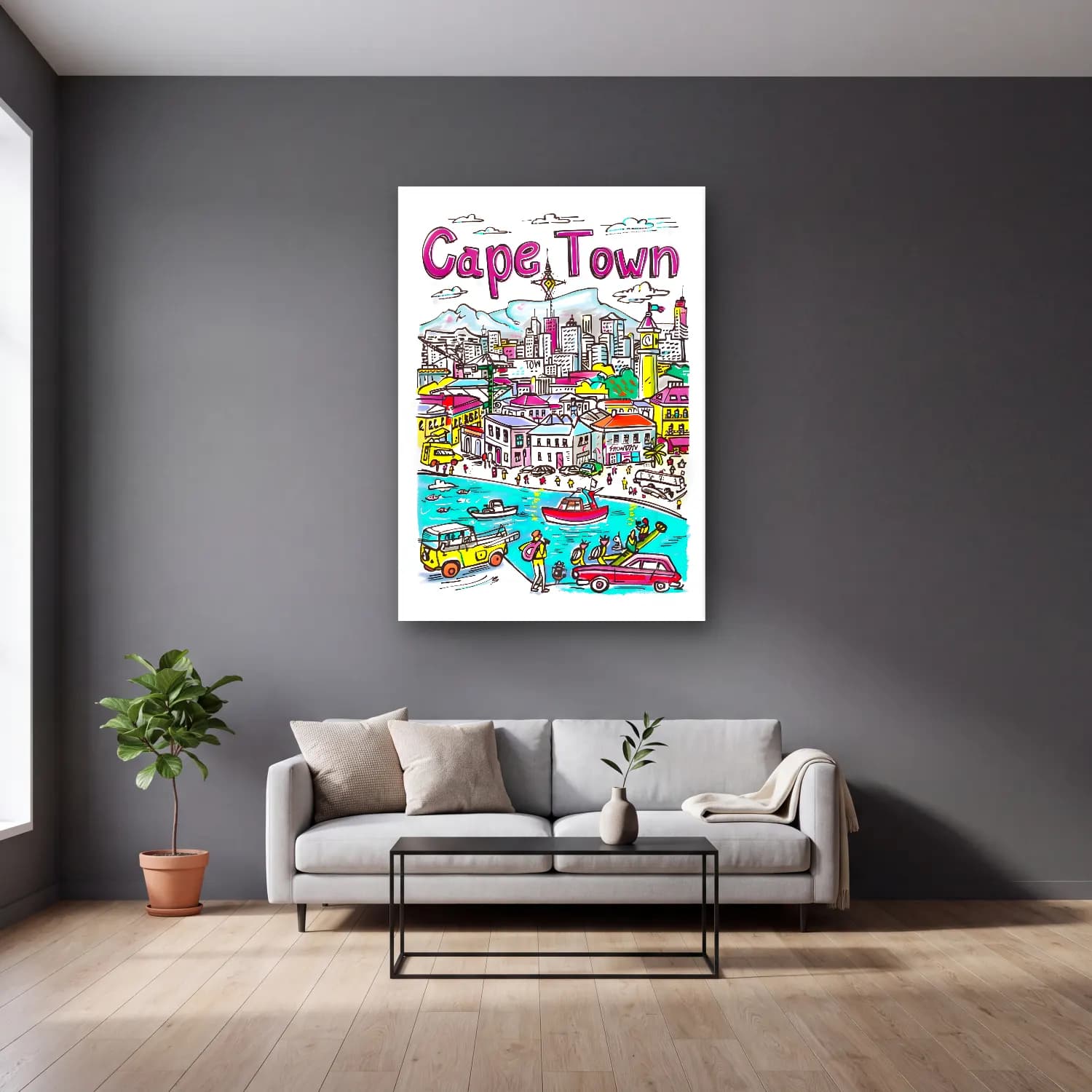 Pop Art Liman ve Tekneler – Pembe Tonlar cam tablo — gri duvarlı salonda