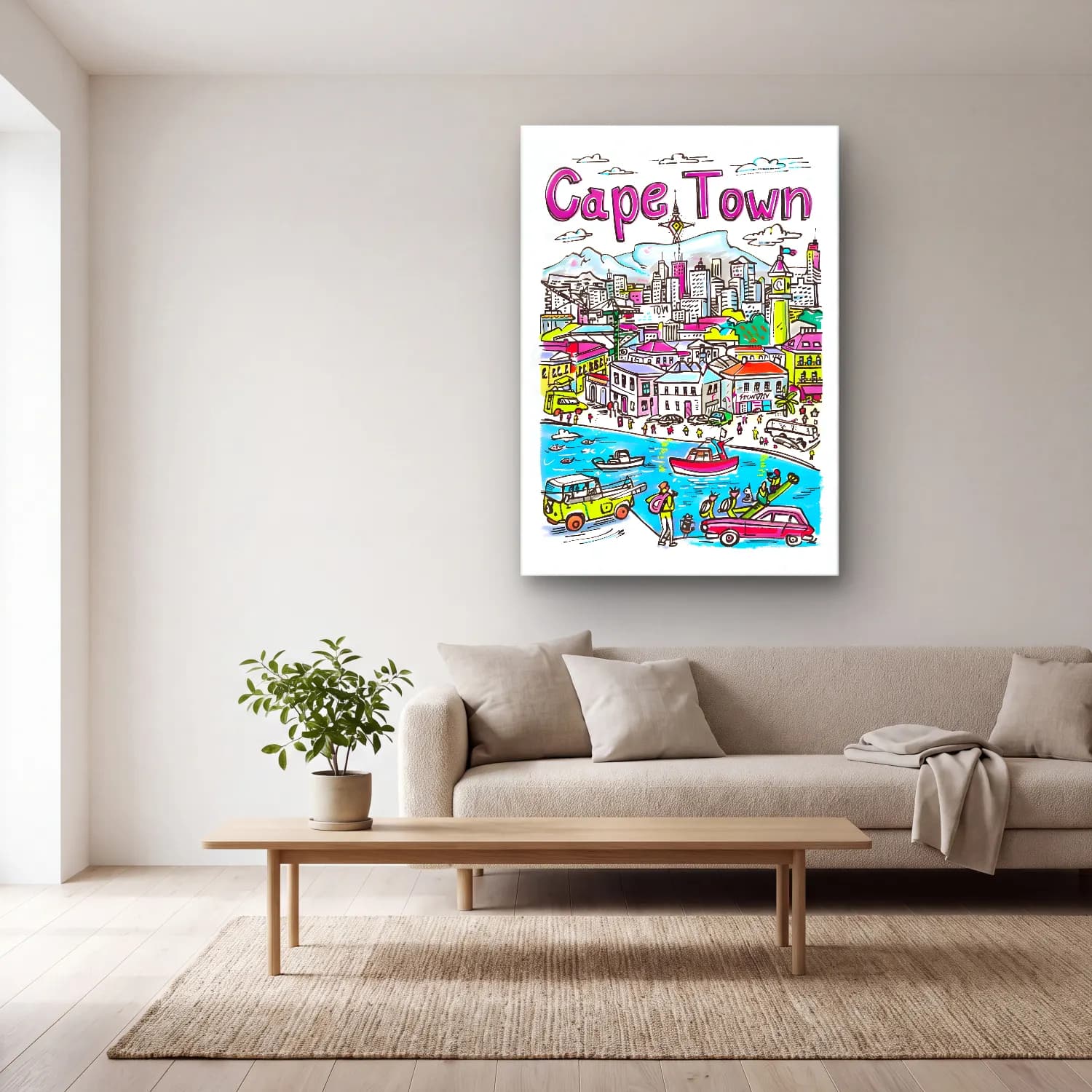 Pop Art Liman ve Tekneler – Pembe Tonlar cam tablo — açık renk salonda