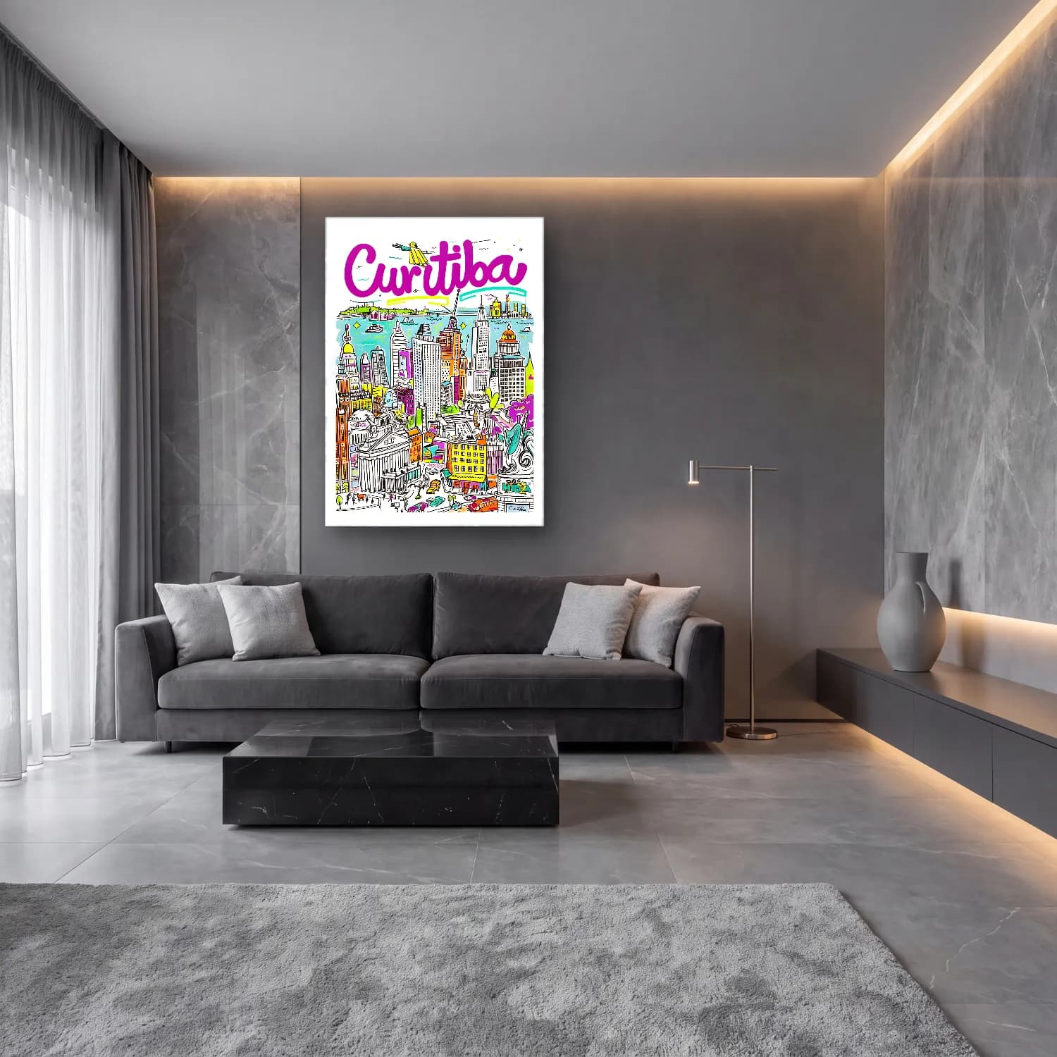 Maksimalist New York Silüeti No. 20 cam tablo — lüks salon duvarında