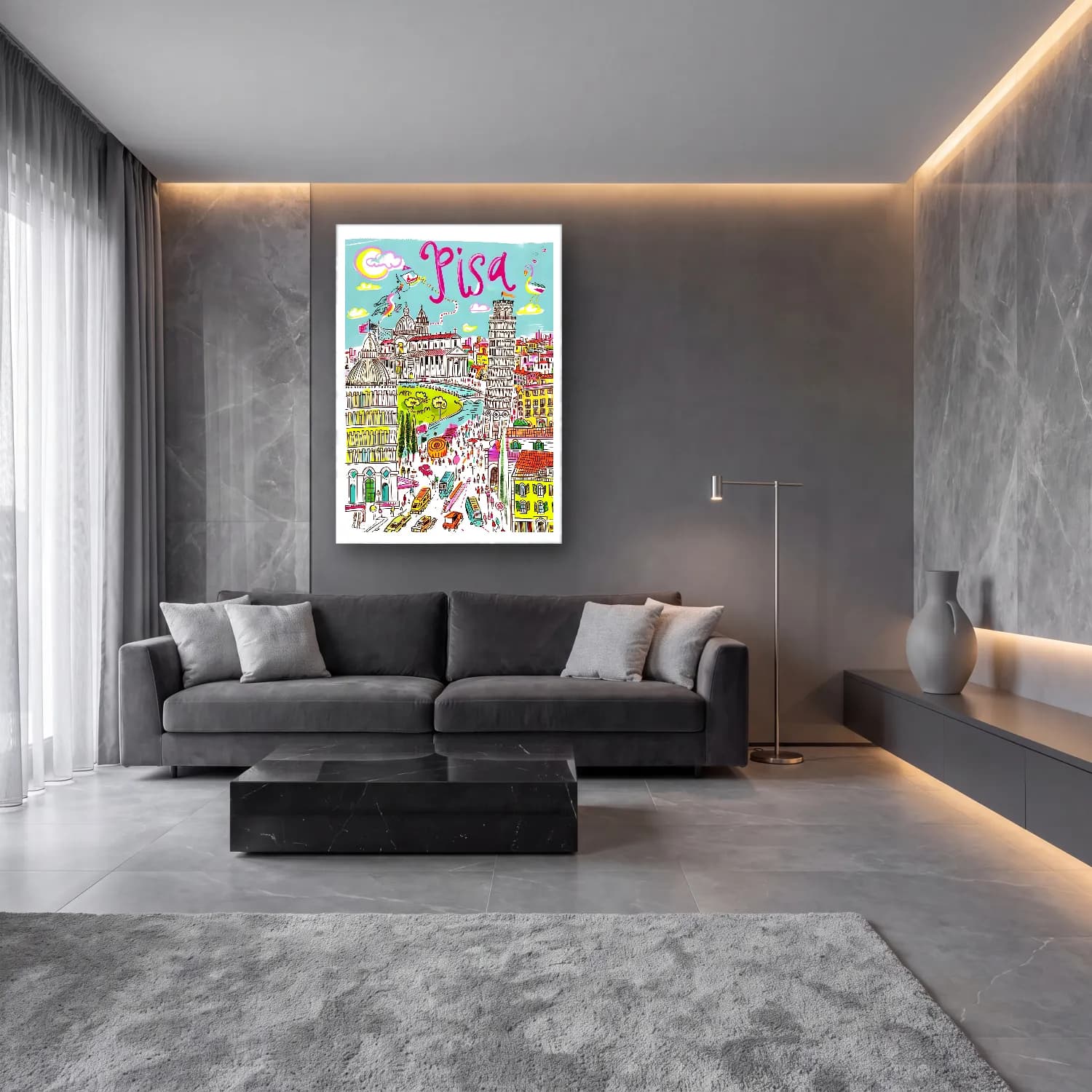 Maksimalist Roma No. 7 cam tablo — lüks salon duvarında