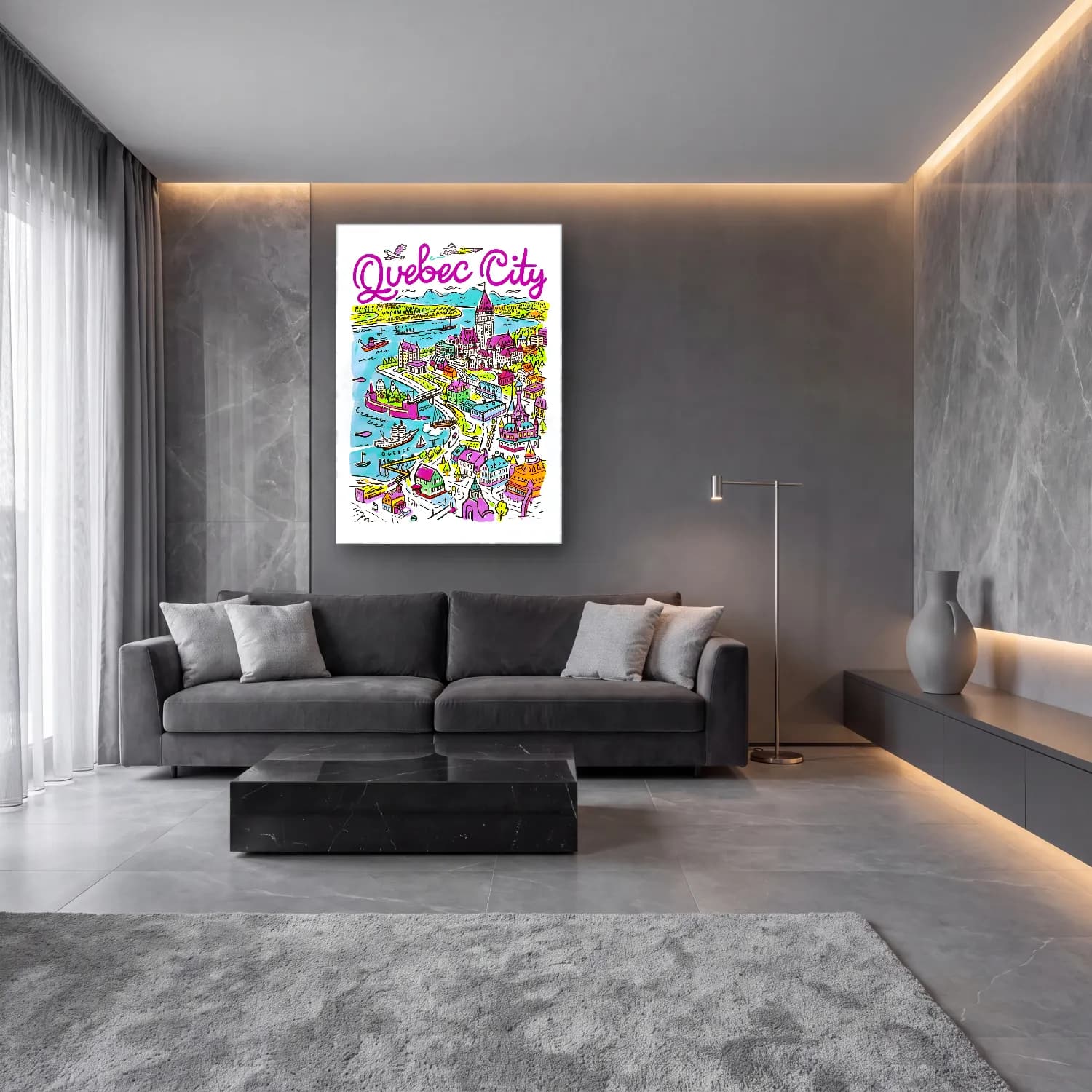 Maksimalist New York Silüeti No. 21 cam tablo — lüks salon duvarında