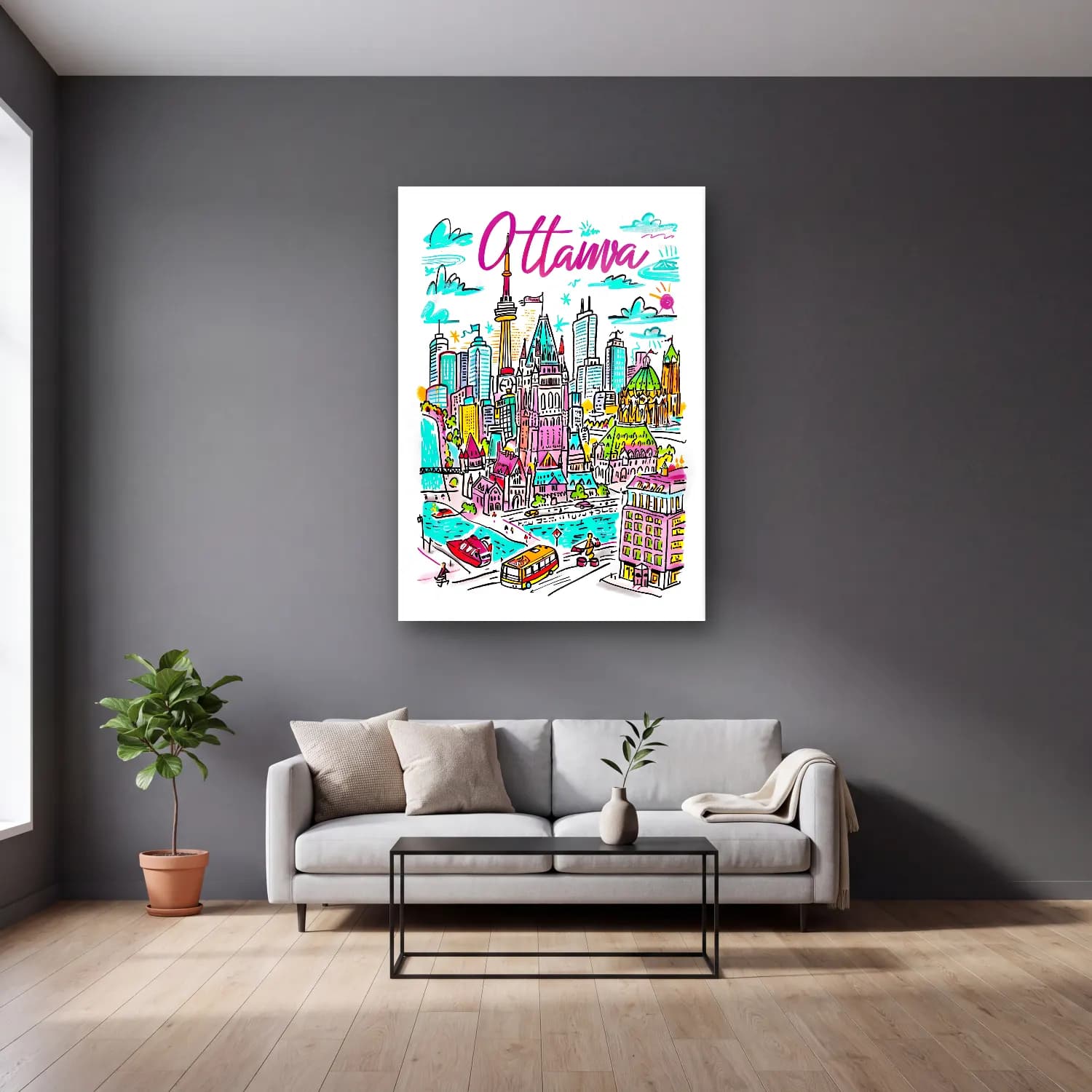 Maksimalist New York Silüeti No. 22 cam tablo — gri duvarlı salonda