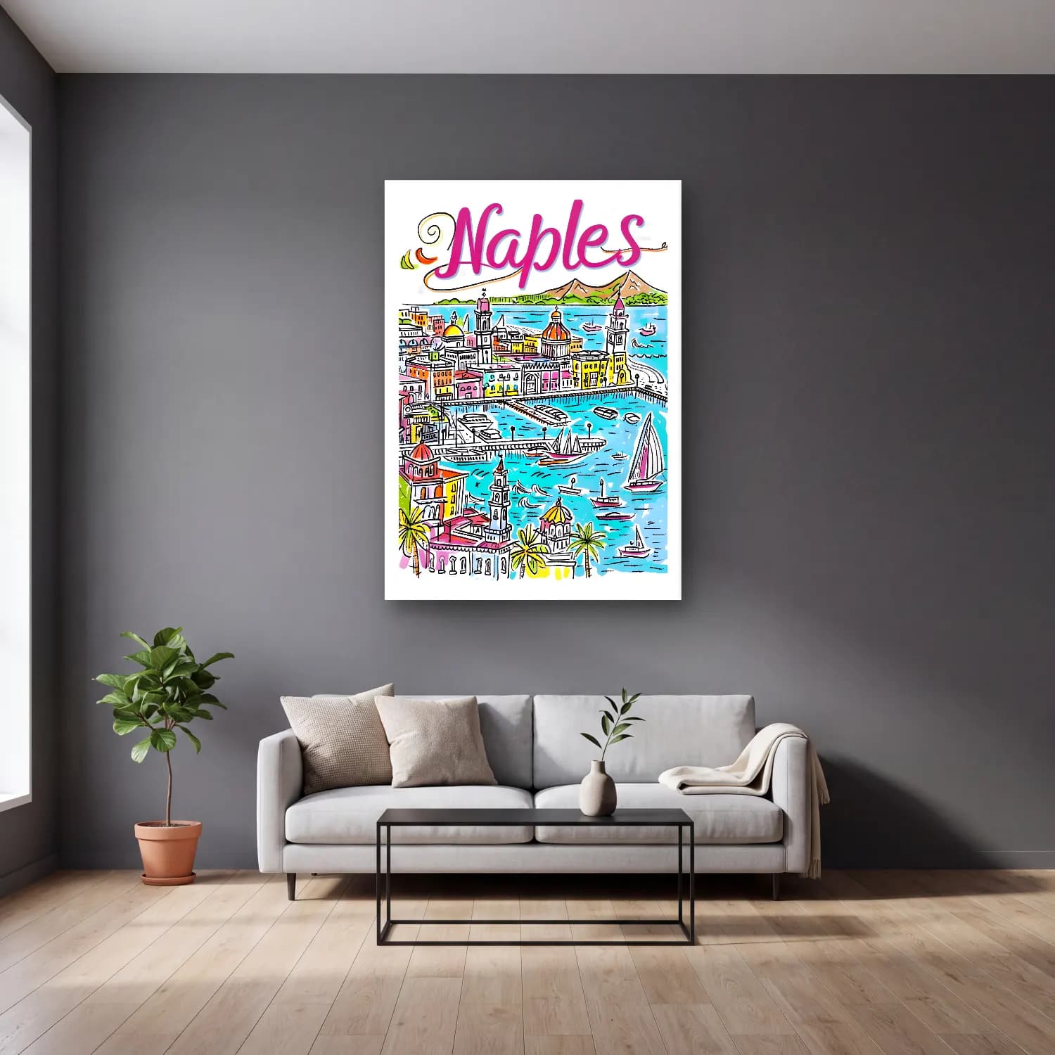 Vintage Poster Liman ve Tekneler No. 7 cam tablo — gri duvarlı salonda