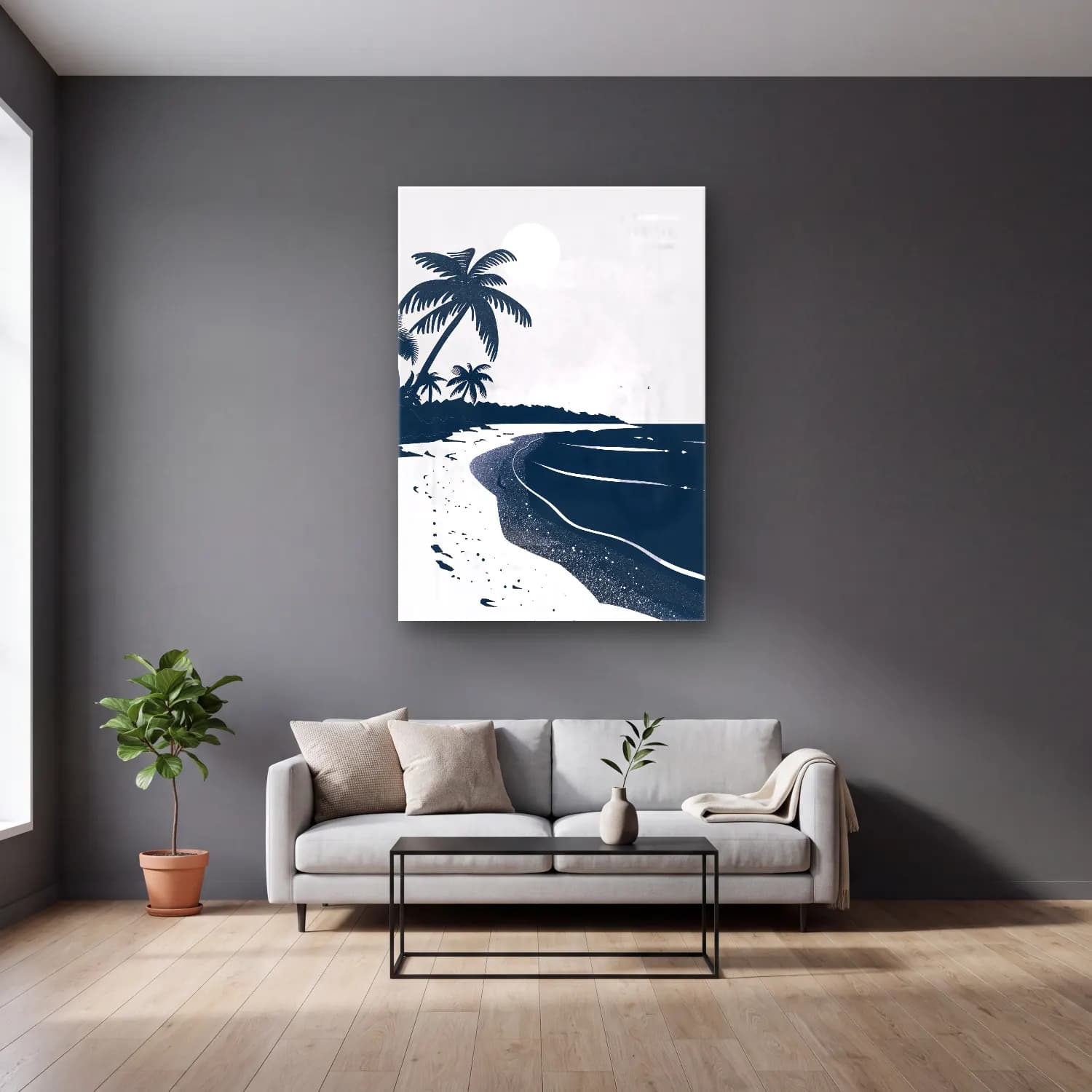 Simple Drawing – navy blue cam tablo — gri duvarlı salonda