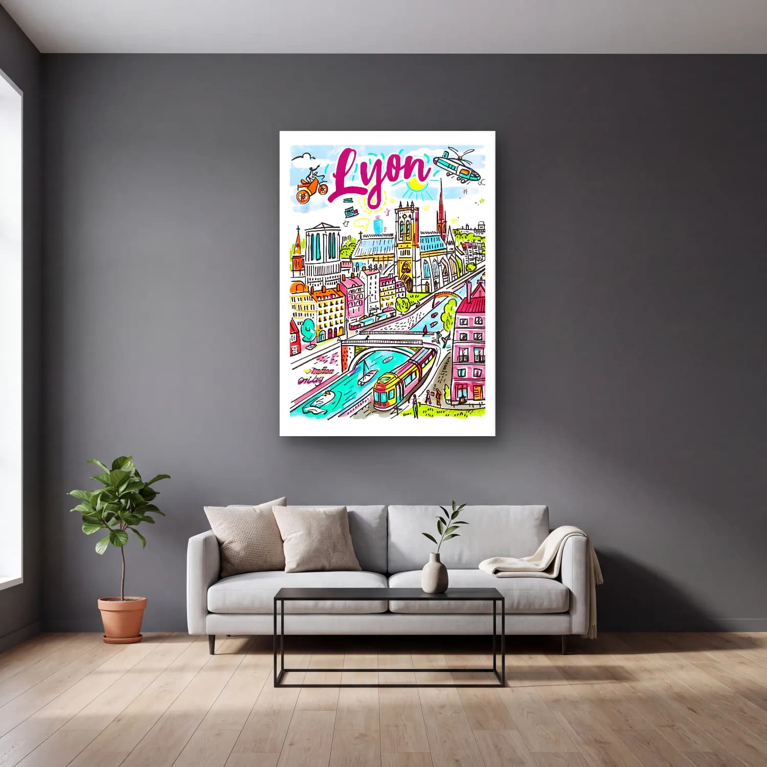 Vintage Poster Londra – Pembe Tonlar cam tablo — gri duvarlı salonda