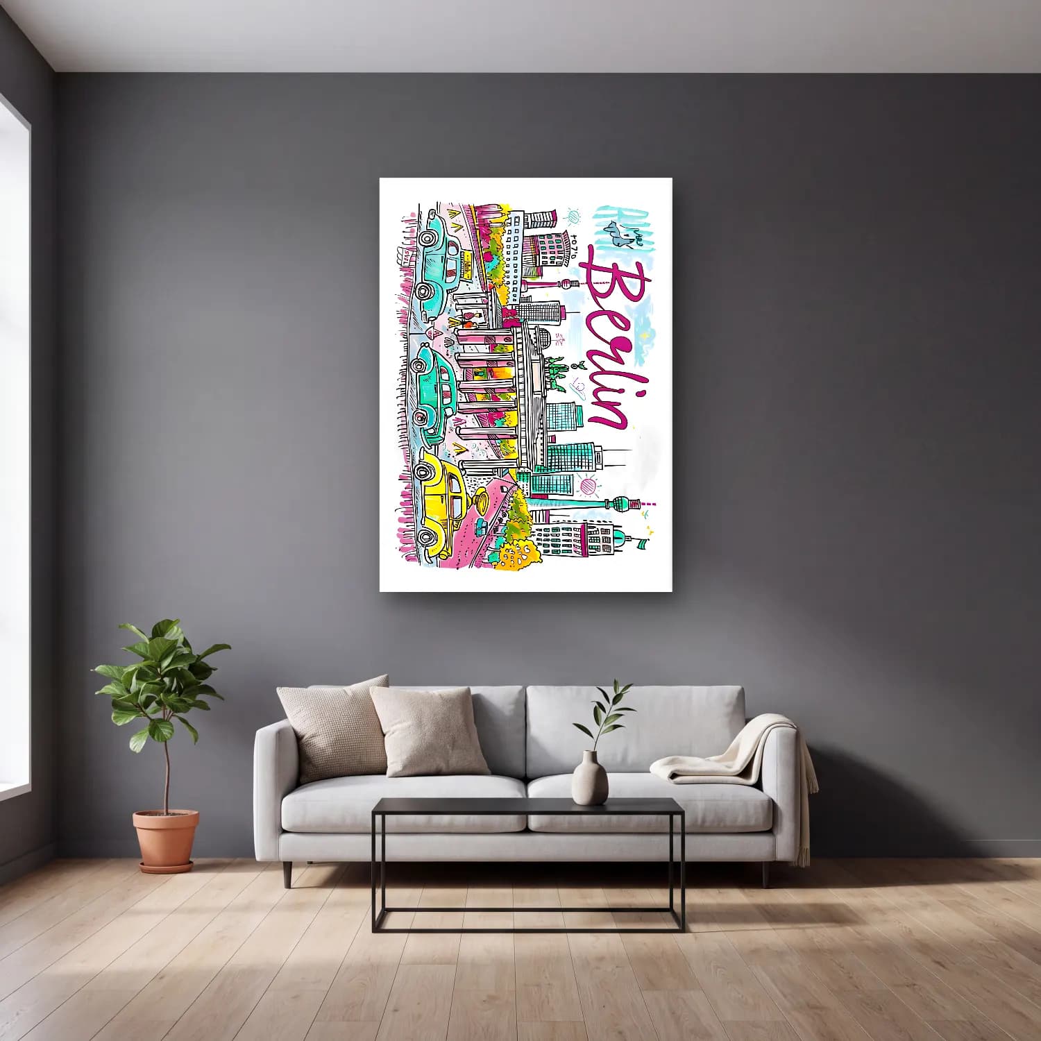 Pop Art Japon Şehri No. 6 cam tablo — gri duvarlı salonda