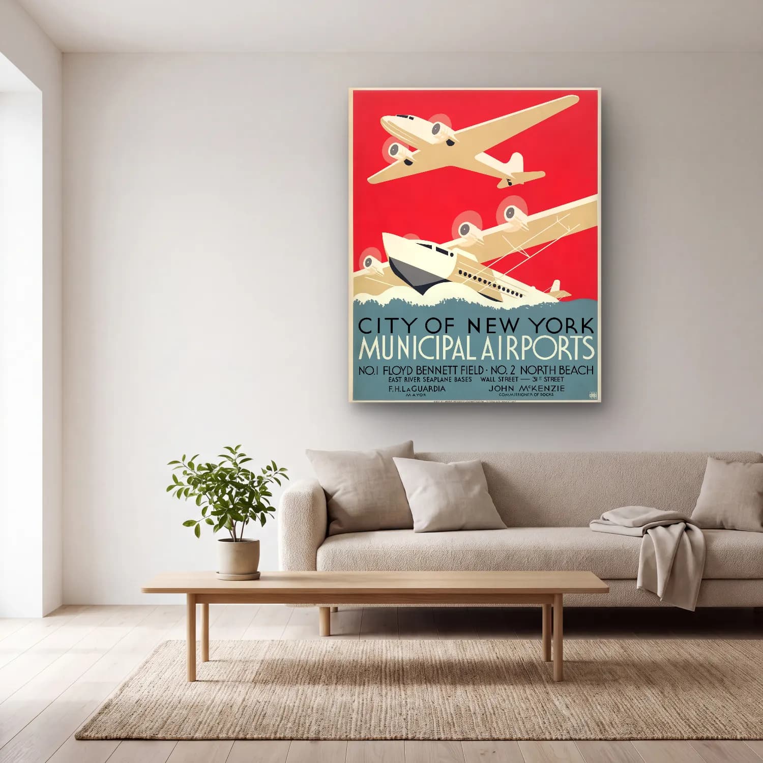 Vintage Poster Uçak No. 6 cam tablo — açık renk salonda