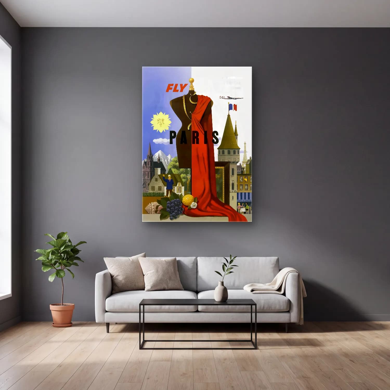 Vintage Poster Paris ve Eyfel Kulesi No. 4 cam tablo — gri duvarlı salonda