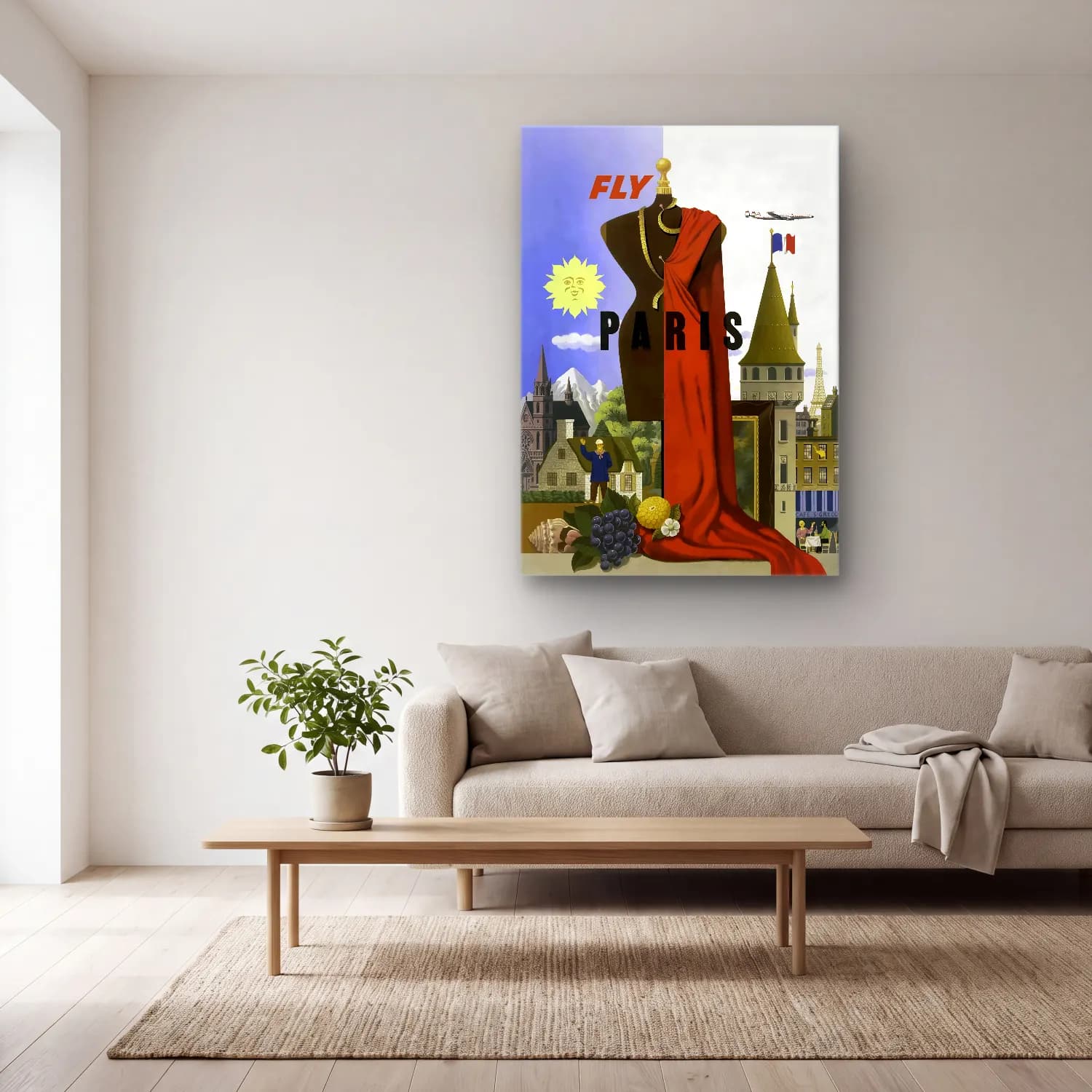 Vintage Poster Paris ve Eyfel Kulesi No. 4 cam tablo — açık renk salonda