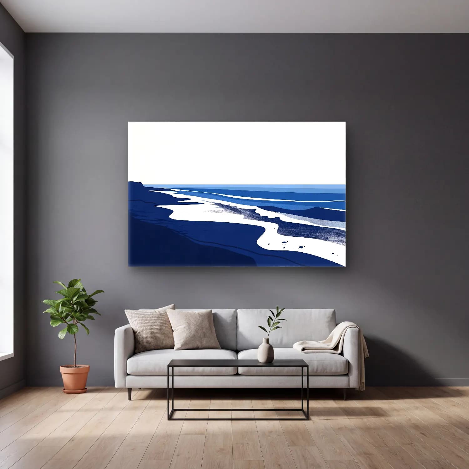 Simple Drawing – navy blue – Mavi Tonlar cam tablo — gri duvarlı salonda