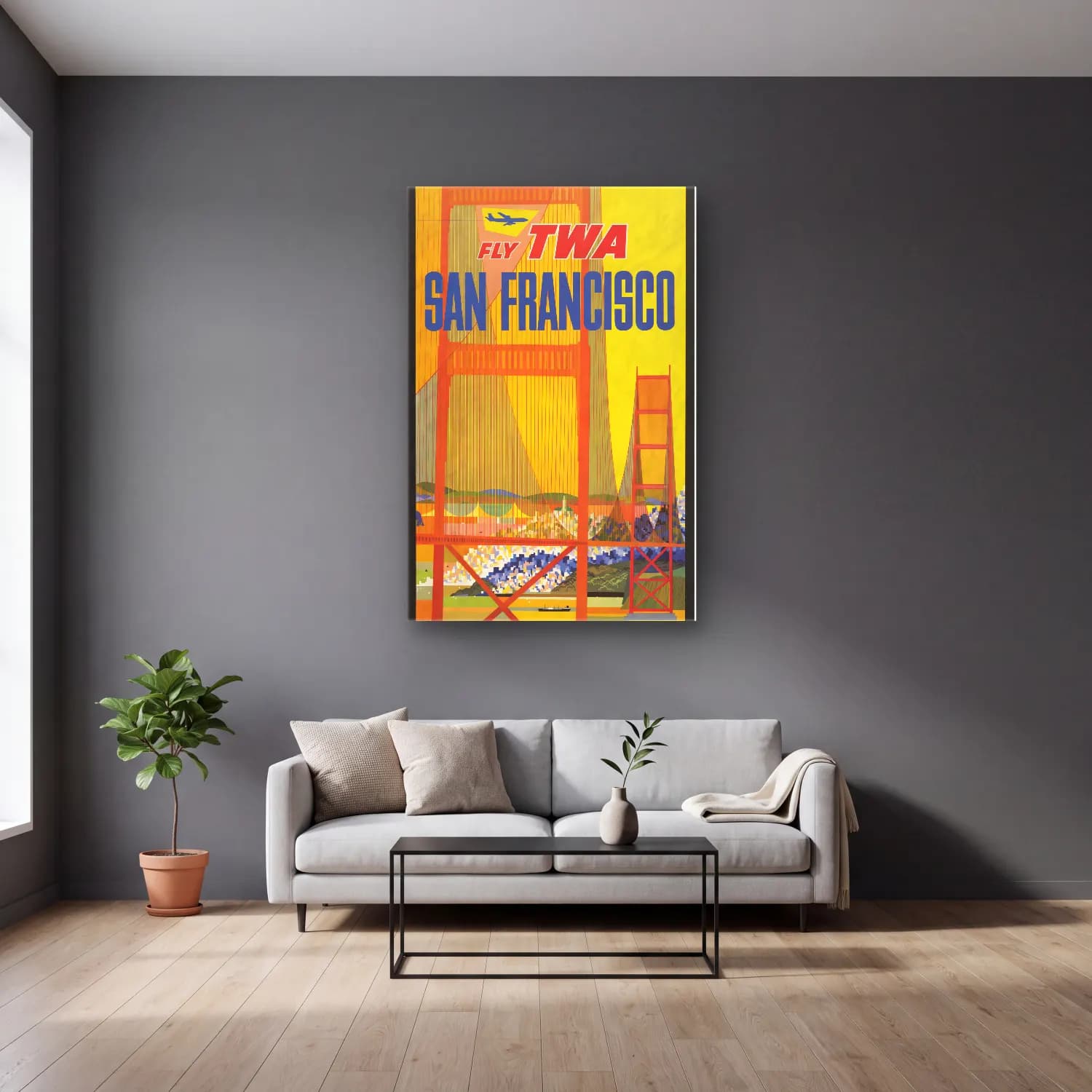 Vintage Poster Köprü No. 8 cam tablo — gri duvarlı salonda