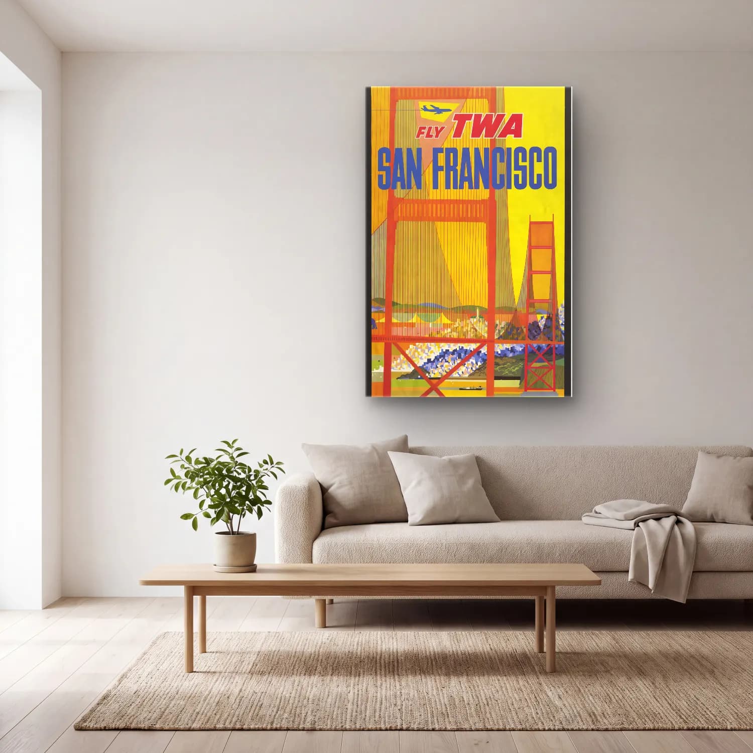 Vintage Poster Köprü No. 8 cam tablo — açık renk salonda