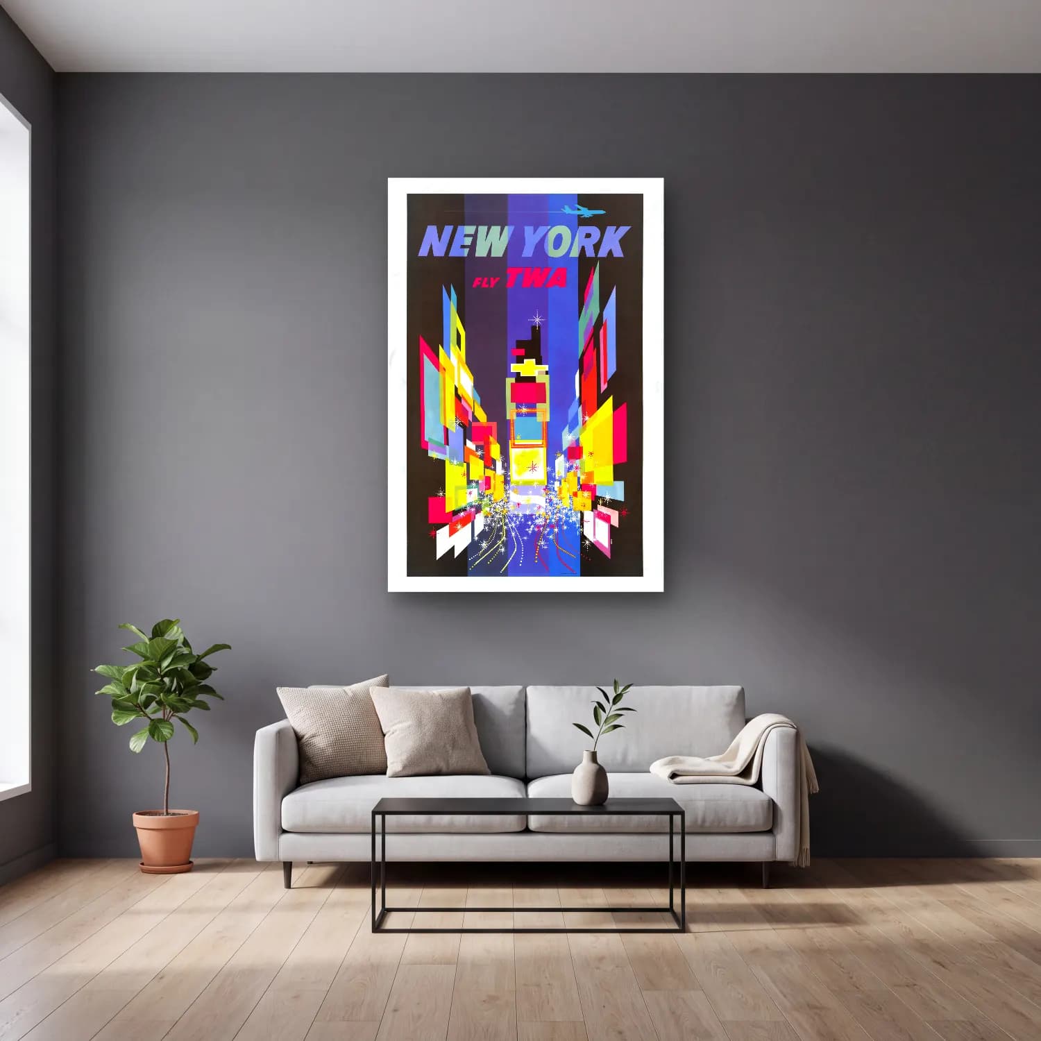 Vintage Poster Gece Şehir No. 5 cam tablo — gri duvarlı salonda