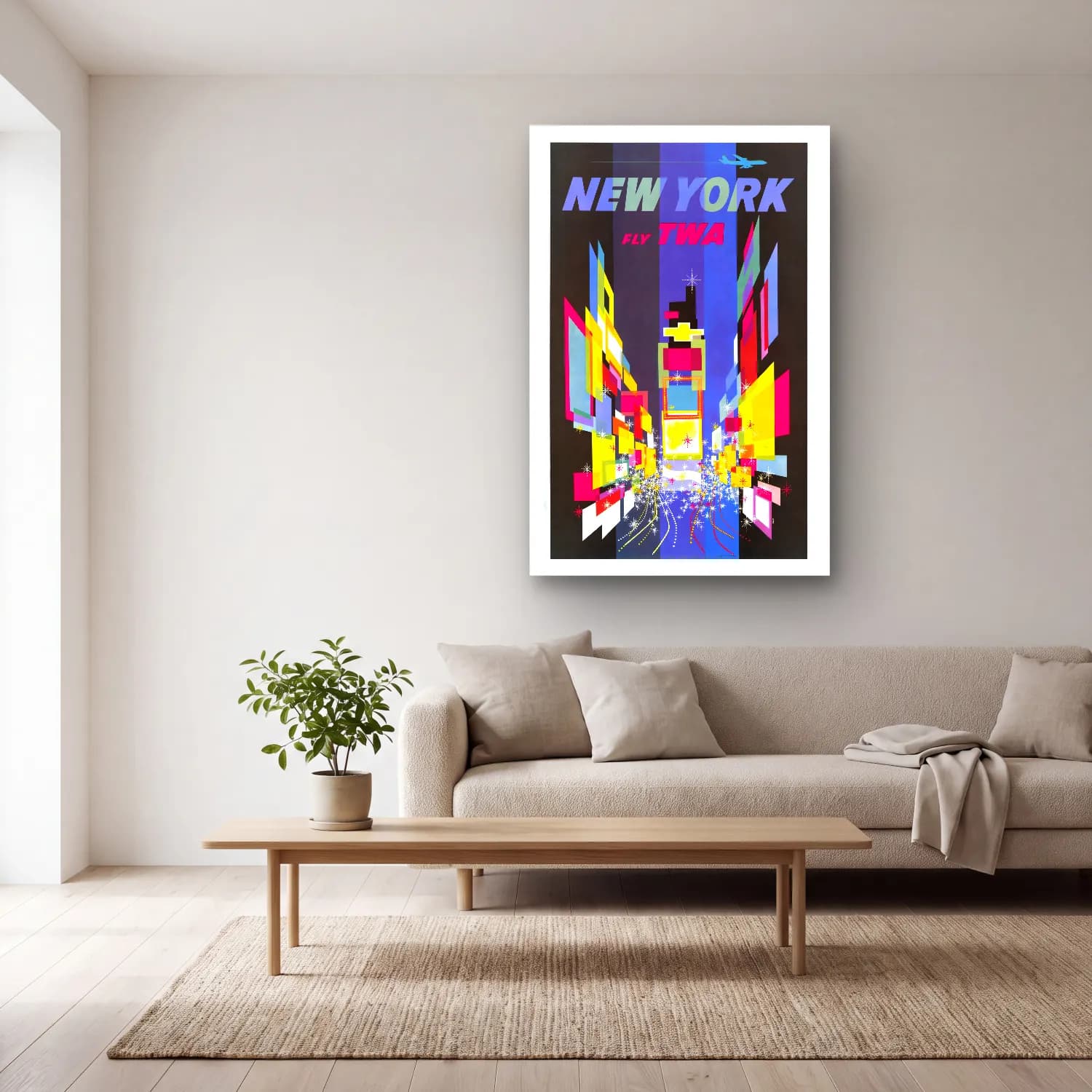 Vintage Poster Gece Şehir No. 5 cam tablo — açık renk salonda