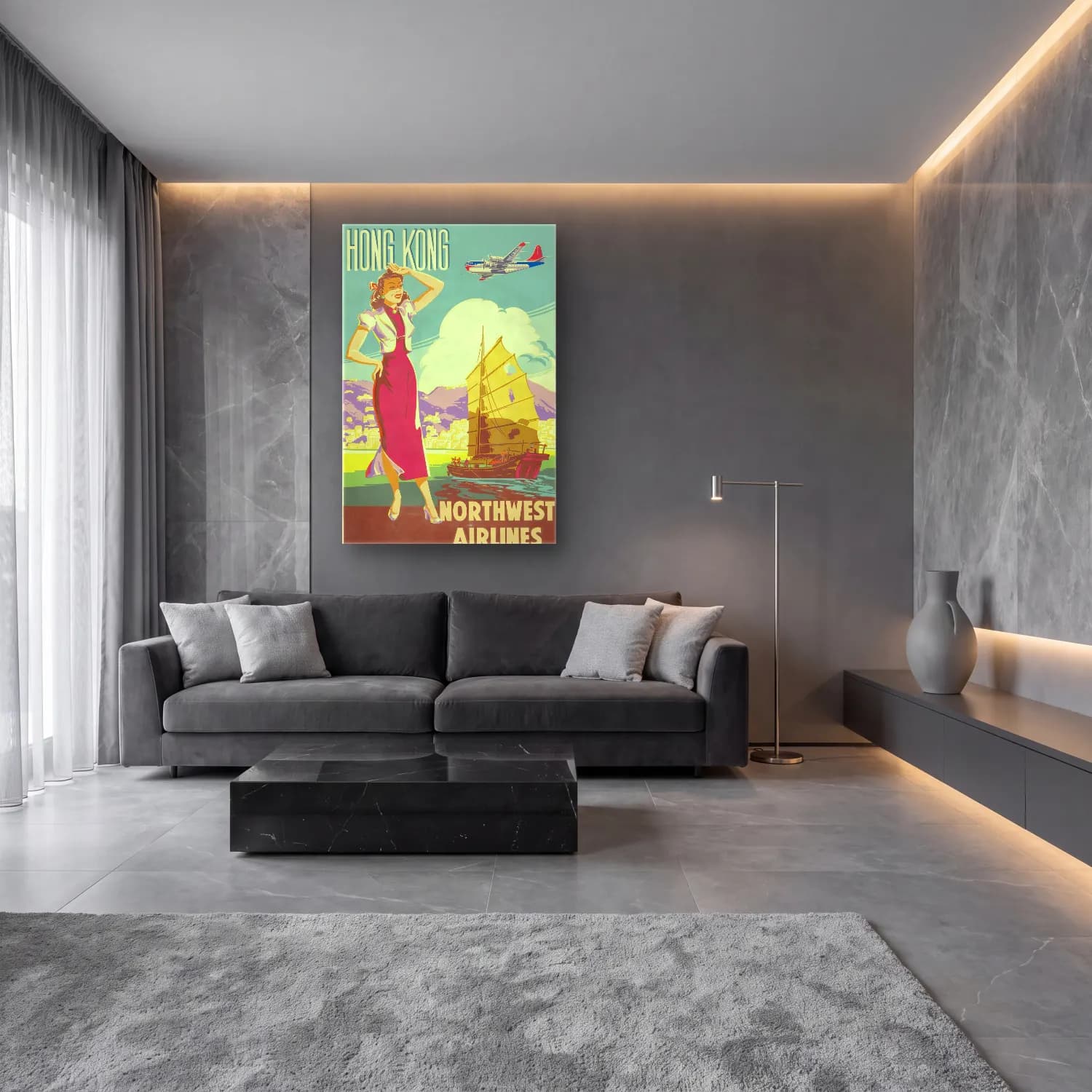 Vintage Poster Elbiseli Kadın No. 63 cam tablo — lüks salon duvarında