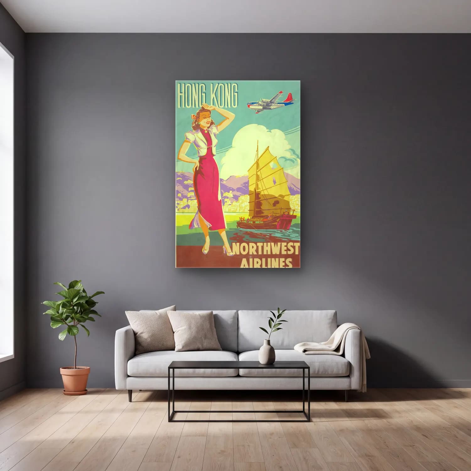 Vintage Poster Elbiseli Kadın No. 63 cam tablo — gri duvarlı salonda
