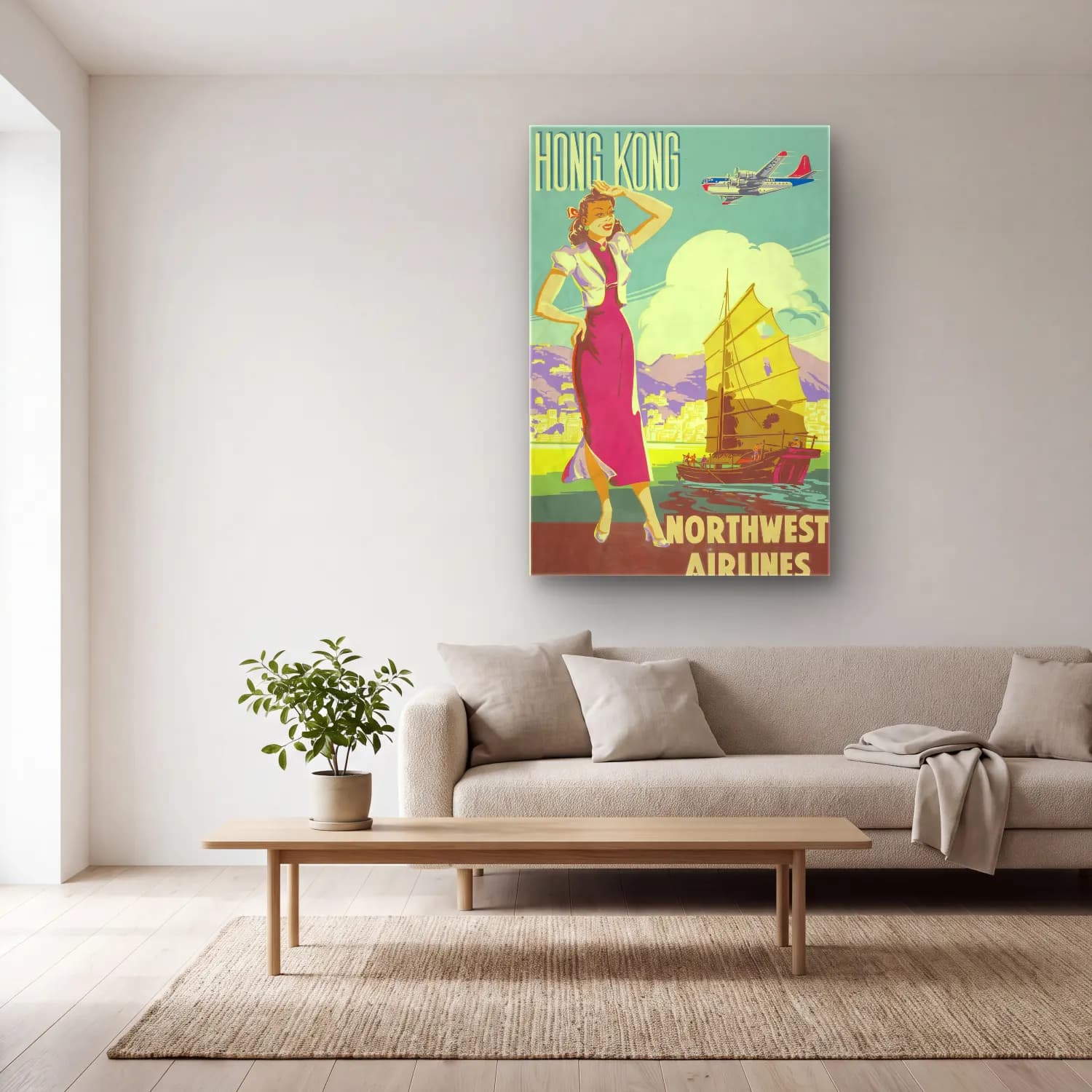 Vintage Poster Elbiseli Kadın No. 63 cam tablo — açık renk salonda