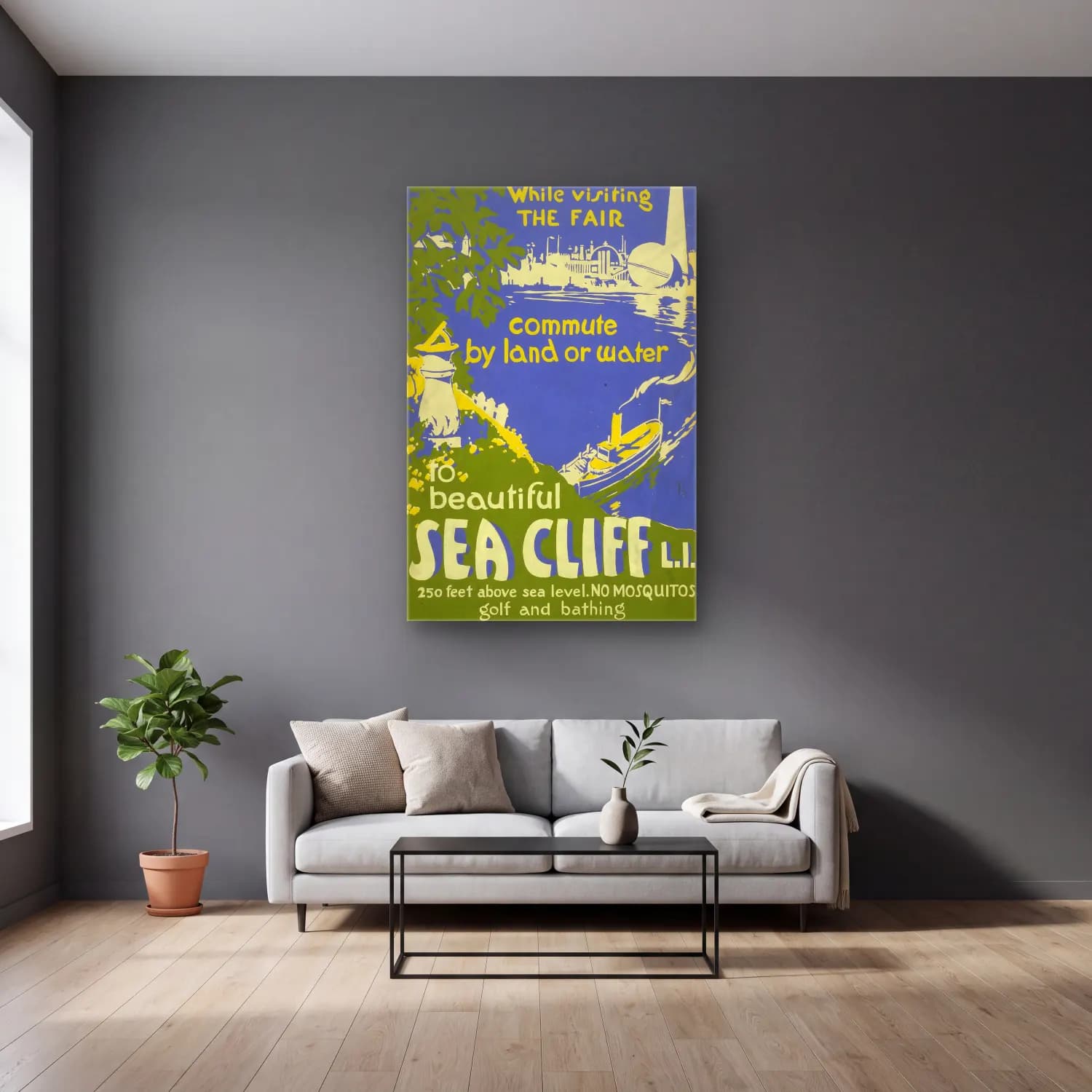 Vintage Poster Deniz Feneri – Sarı Tonlar cam tablo — gri duvarlı salonda
