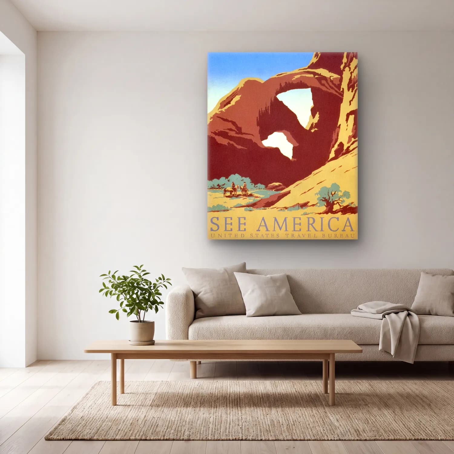 Vintage Poster Dağ Manzarası No. 7 cam tablo — açık renk salonda