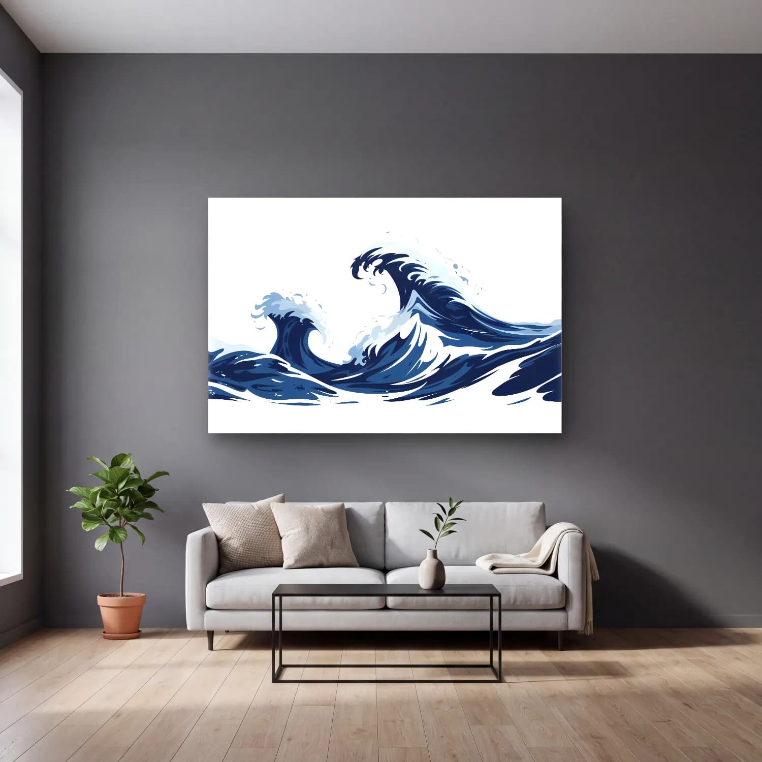 Simple Drawing – navy blue No. 19 cam tablo — gri duvarlı salonda