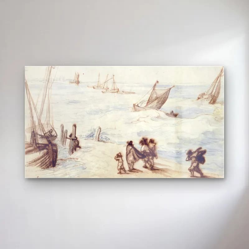 Jan Brueghel The Elder – Beach with sailboats and stormy sea cam tablo — Jan Brueghel The Elder – Beach with sailboats and stormy sea — vintage sahilde i̇nsanlar