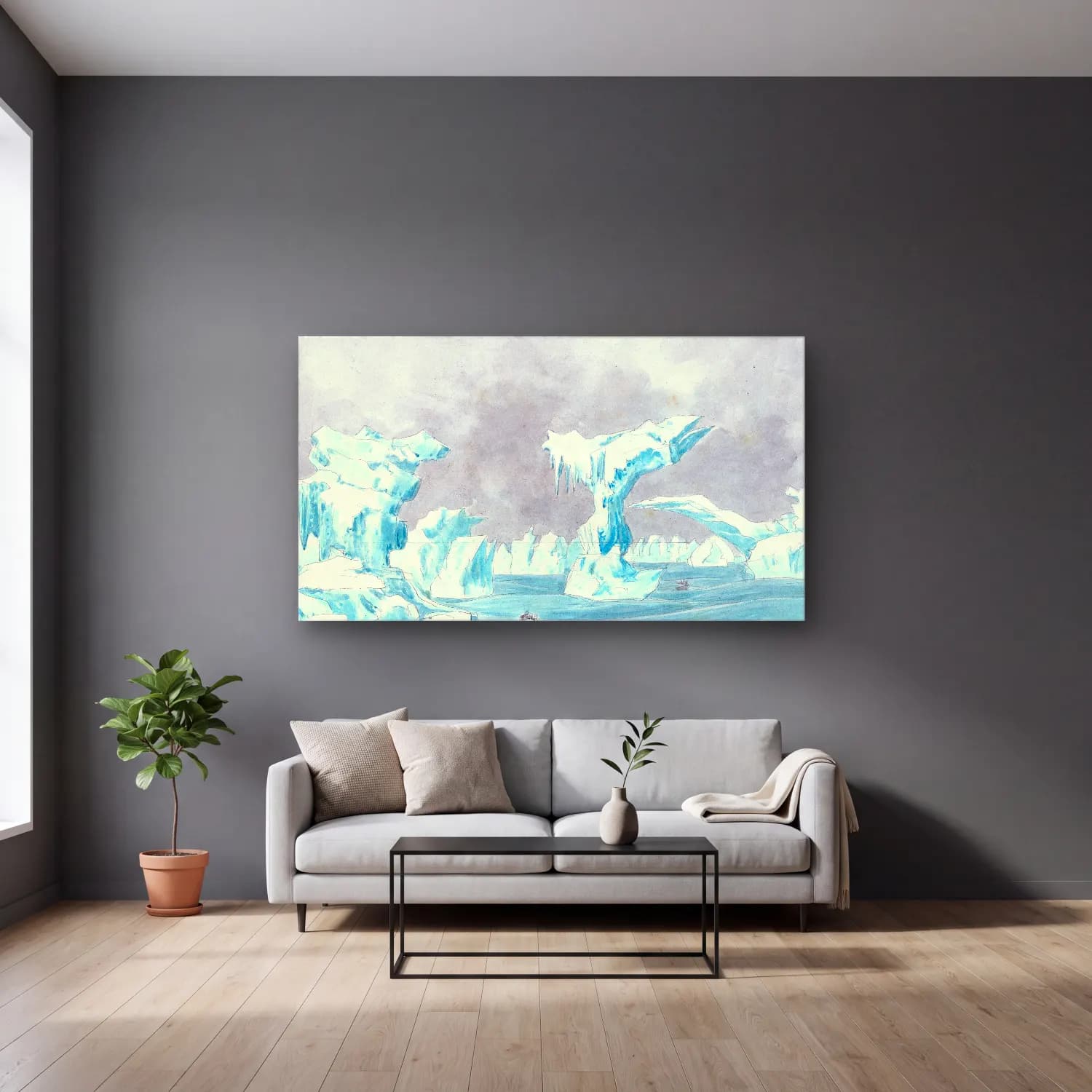Charles Hamilton Smith – Scene Among the Ice in the Polar Sea cam tablo — gri duvarlı salonda