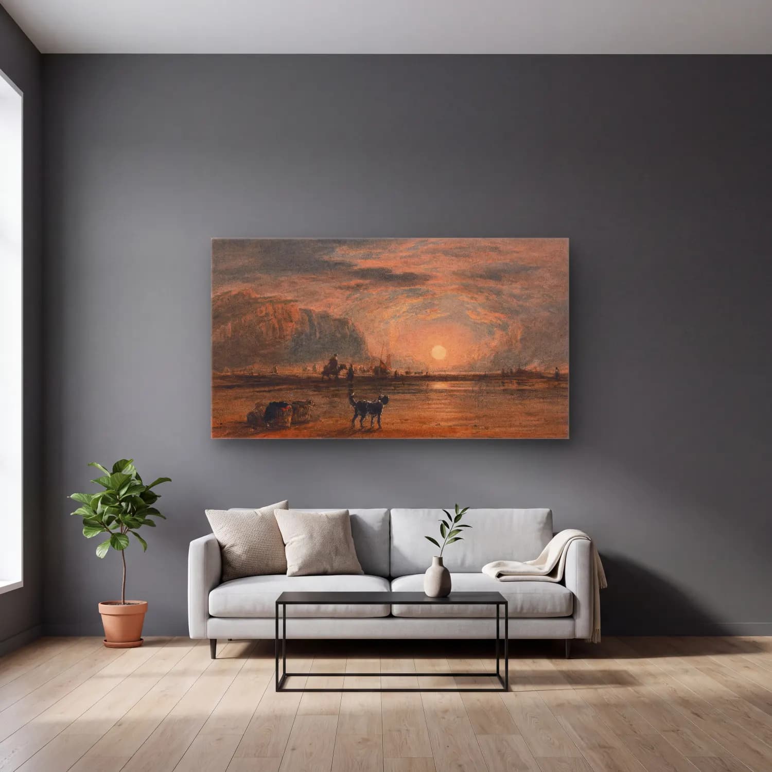 David Cox – Beach Scene, Sunrise (circa 1820) cam tablo — gri duvarlı salonda
