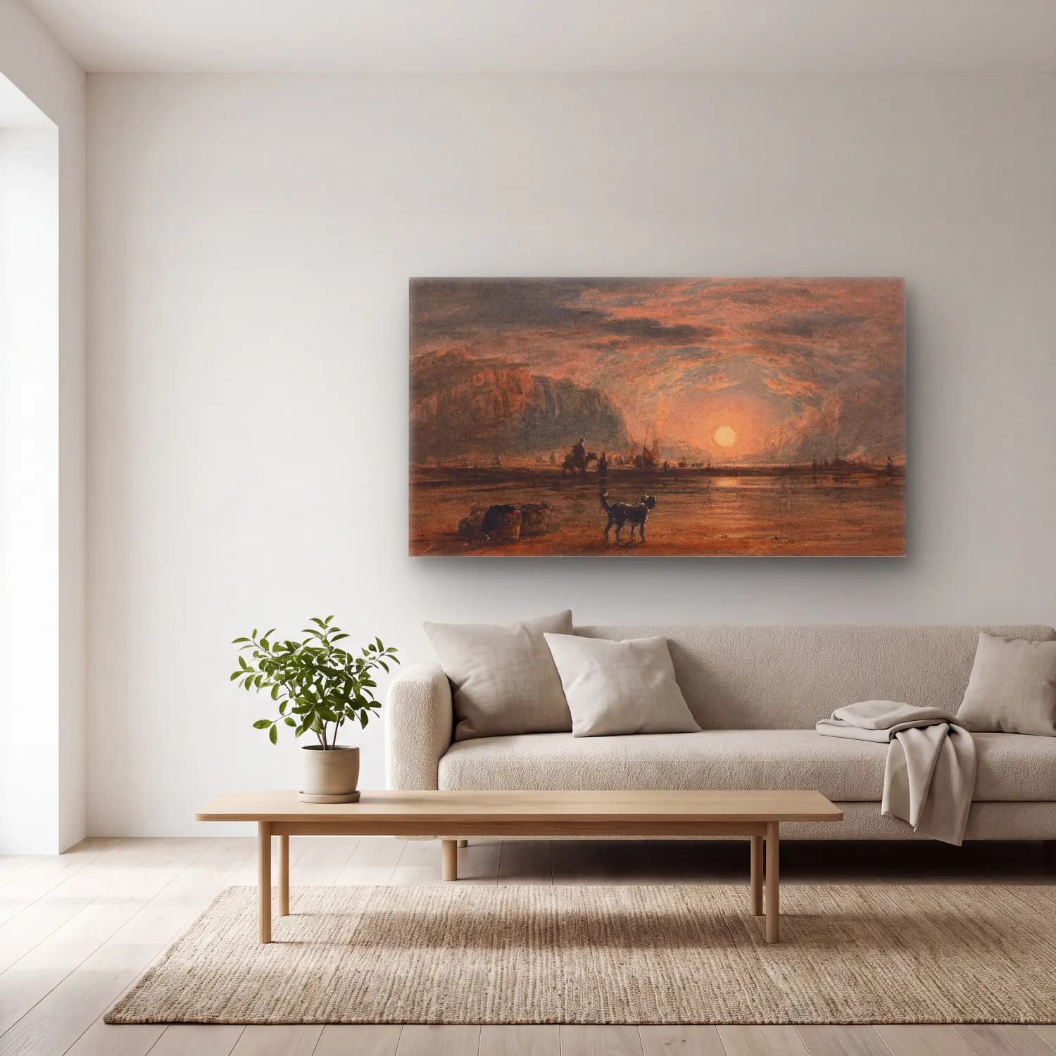 David Cox – Beach Scene, Sunrise (circa 1820) cam tablo — açık renk salonda