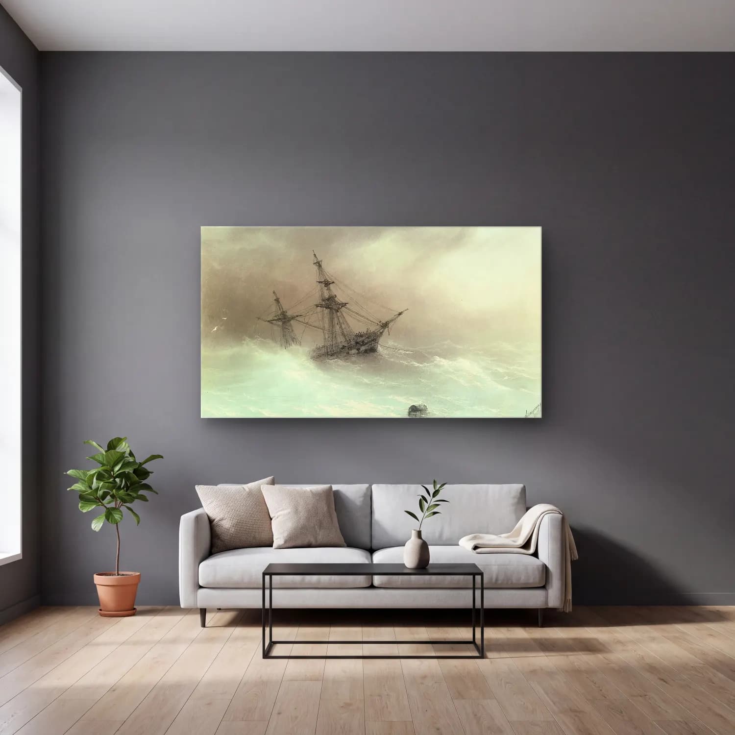 Konstantinovich Aivazovsky – Ship In A Stormy Sea cam tablo — gri duvarlı salonda
