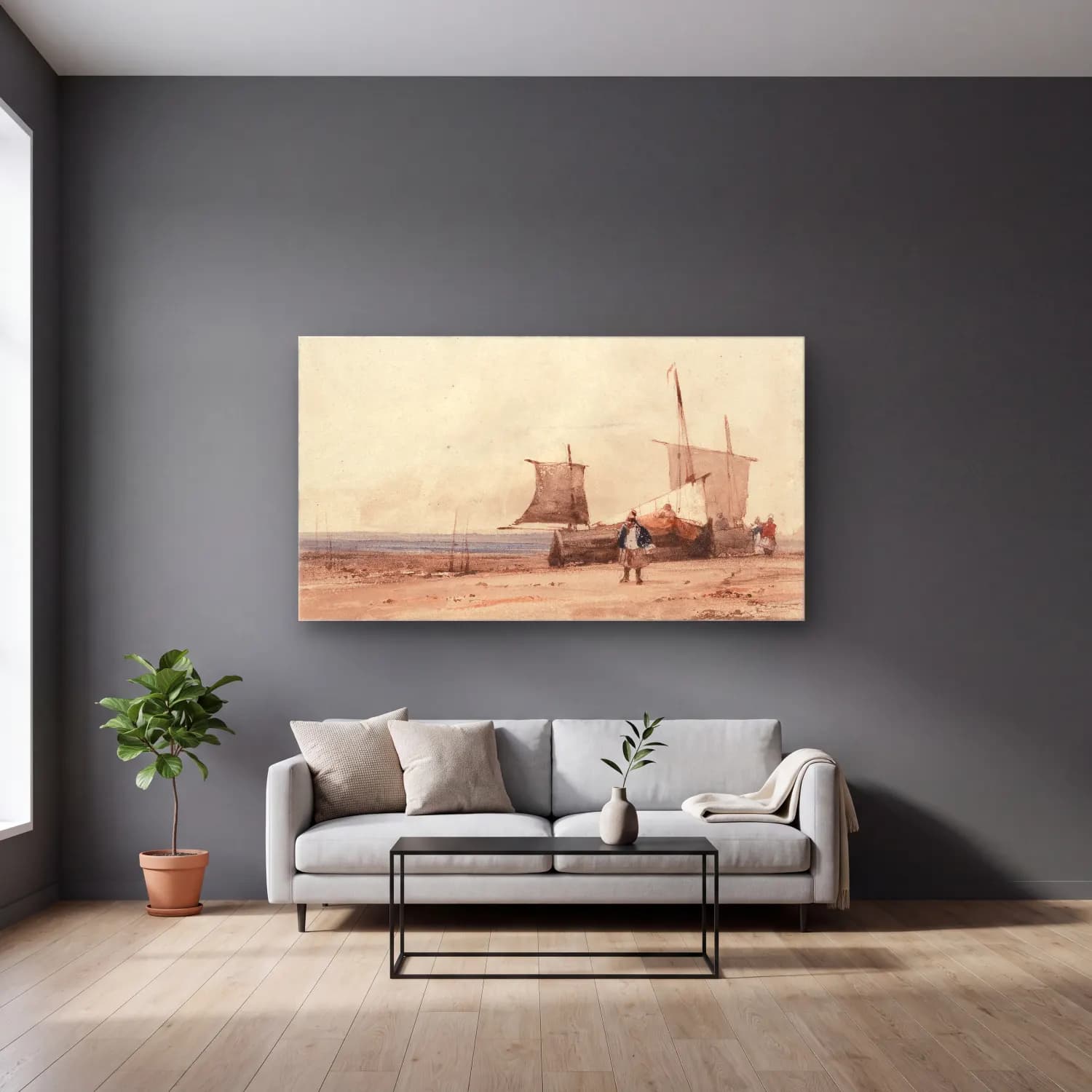 Richard Parkes Bonington – Beach Scene cam tablo — gri duvarlı salonda
