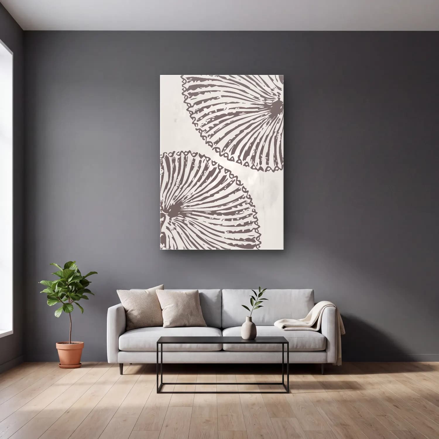 Boho Çiçek Deseni No. 19 cam tablo — gri duvarlı salonda