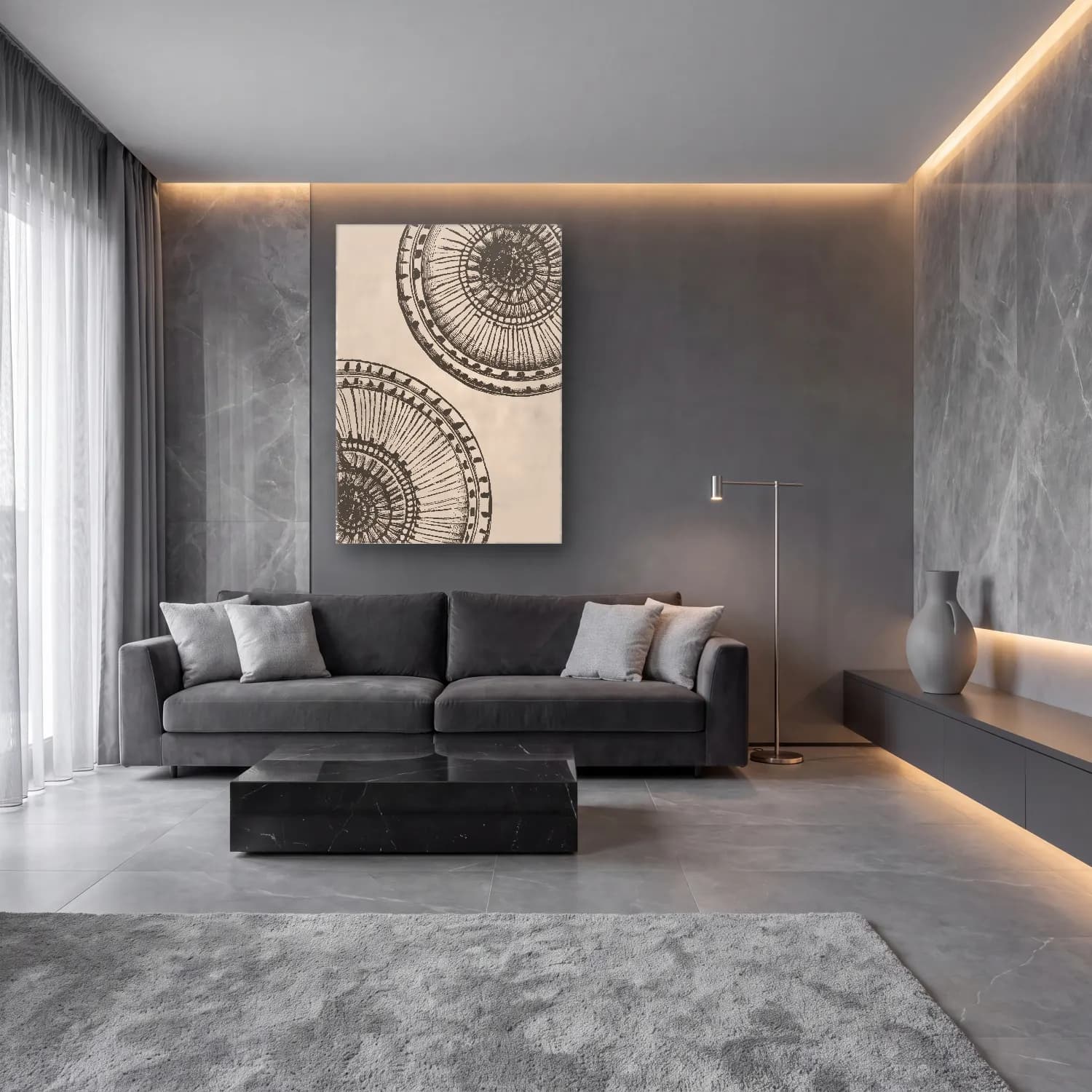 Boho Mantarlar cam tablo — lüks salon duvarında