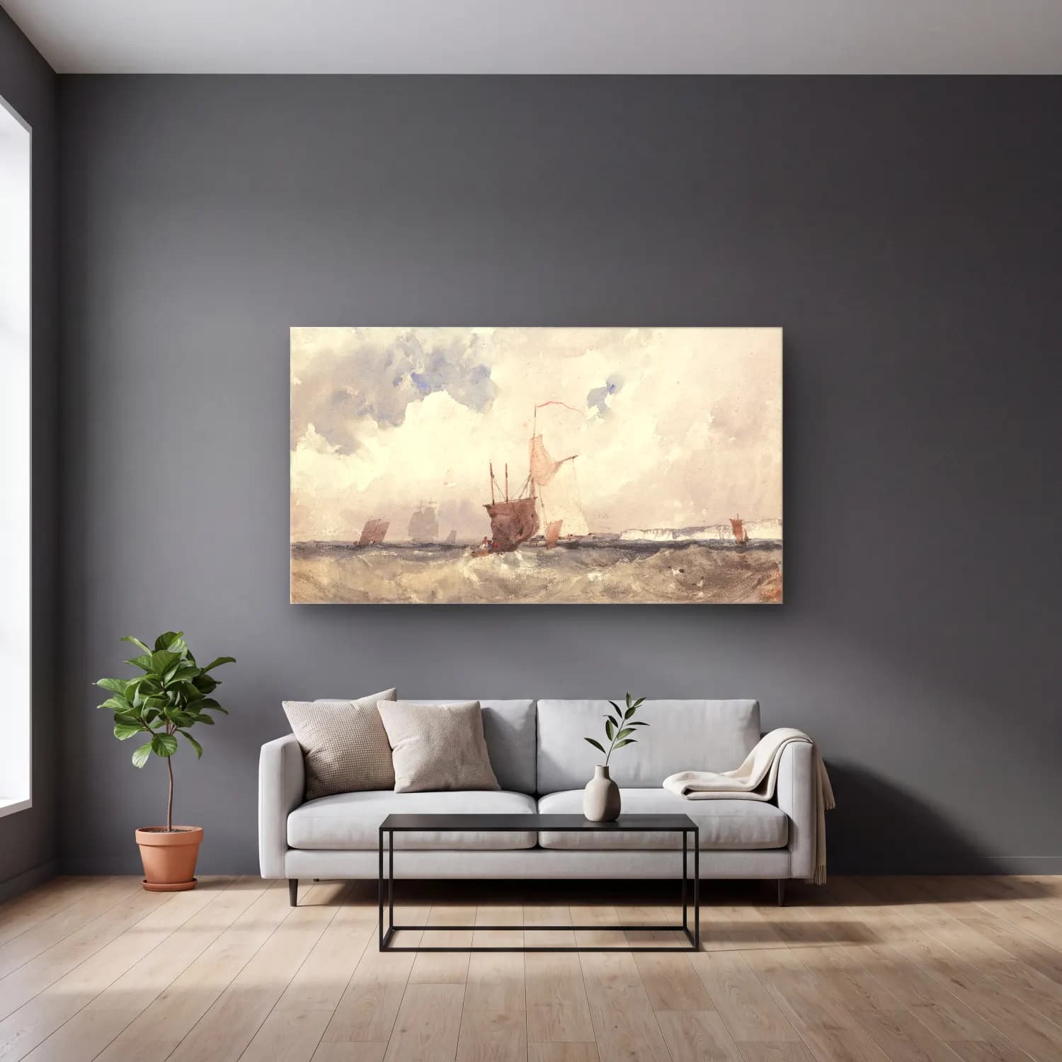 Richard Parkes Bonington – Vessels in a Choppy Sea cam tablo — gri duvarlı salonda