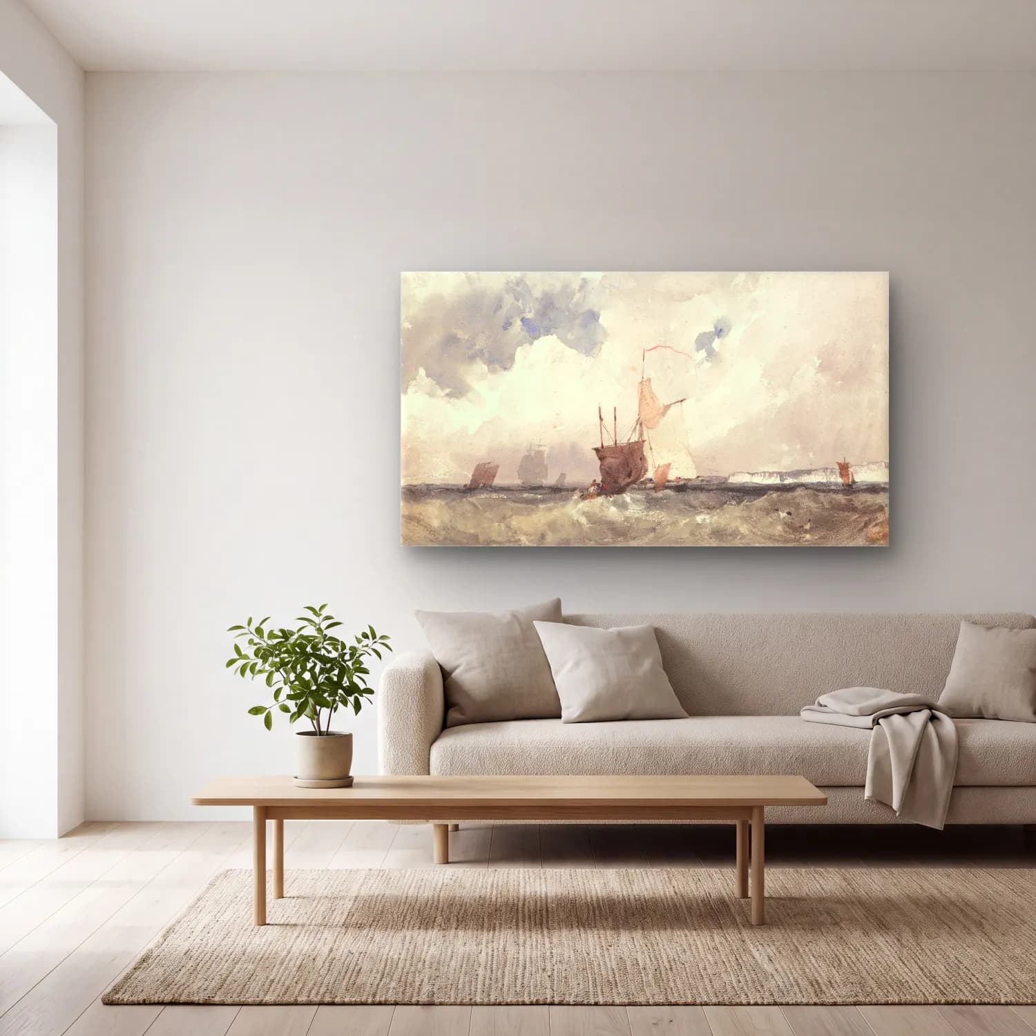 Richard Parkes Bonington – Vessels in a Choppy Sea cam tablo — açık renk salonda
