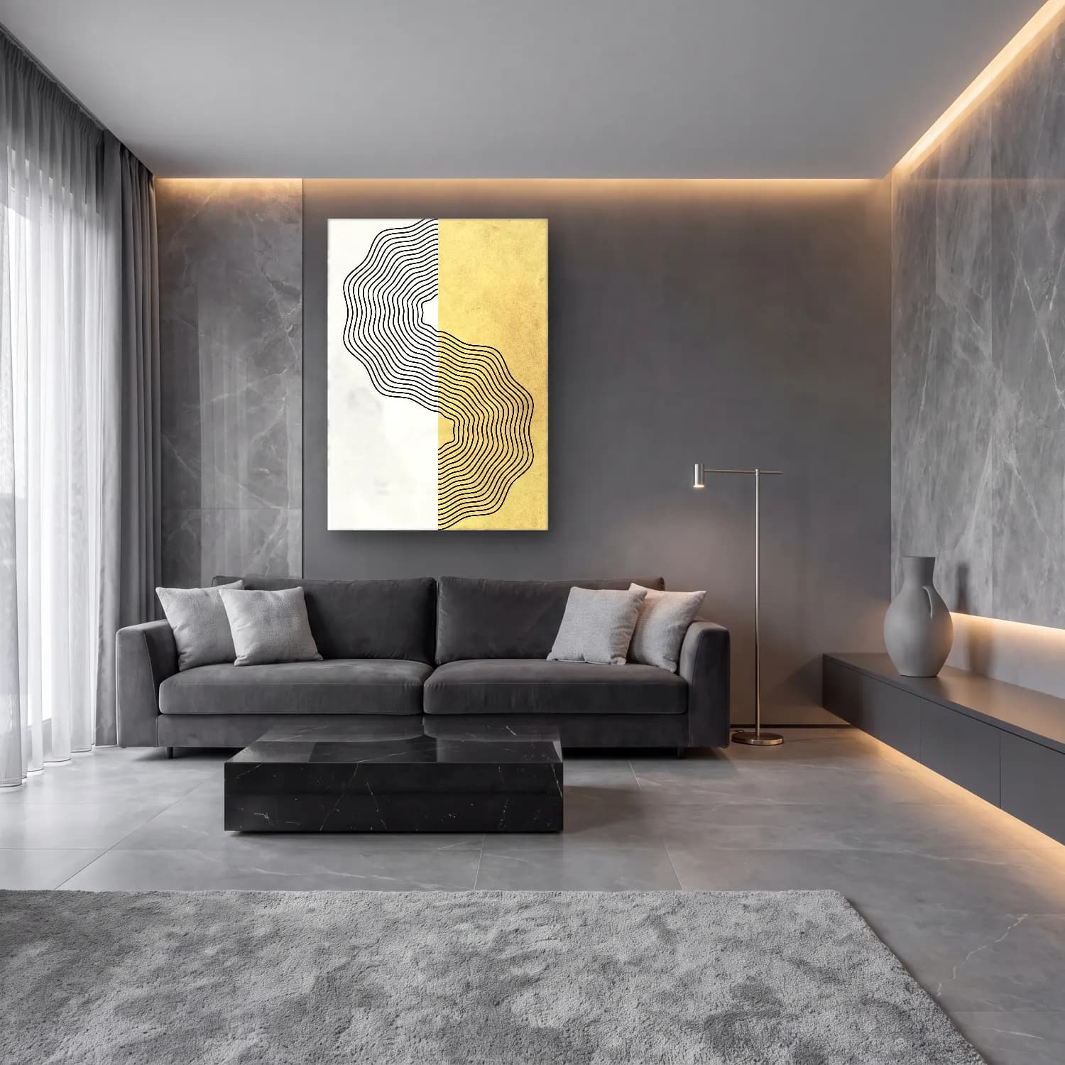 Çizgi Sanatı Dalgalı Çizgiler No. 7 cam tablo — lüks salon duvarında