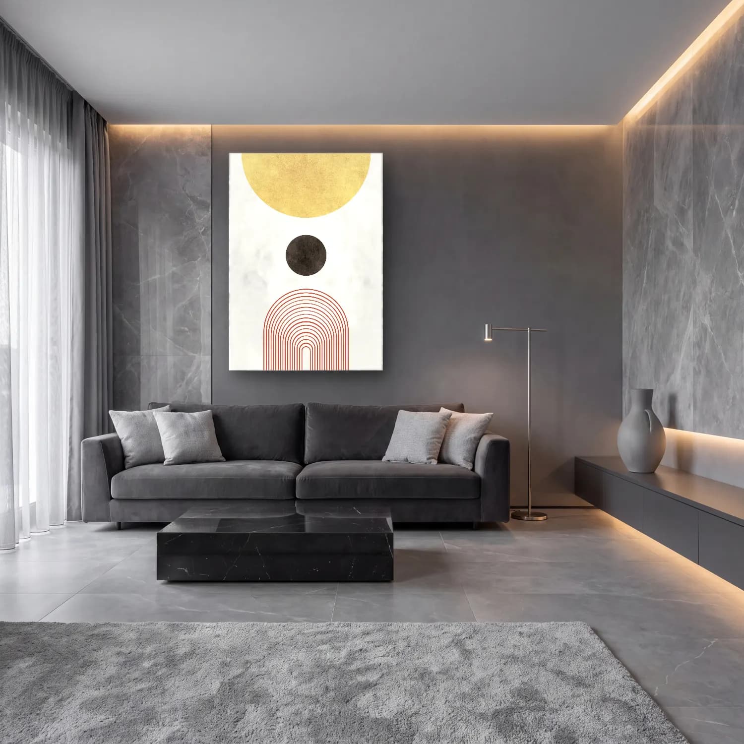Boho Geometrik Daireler No. 6 cam tablo — lüks salon duvarında