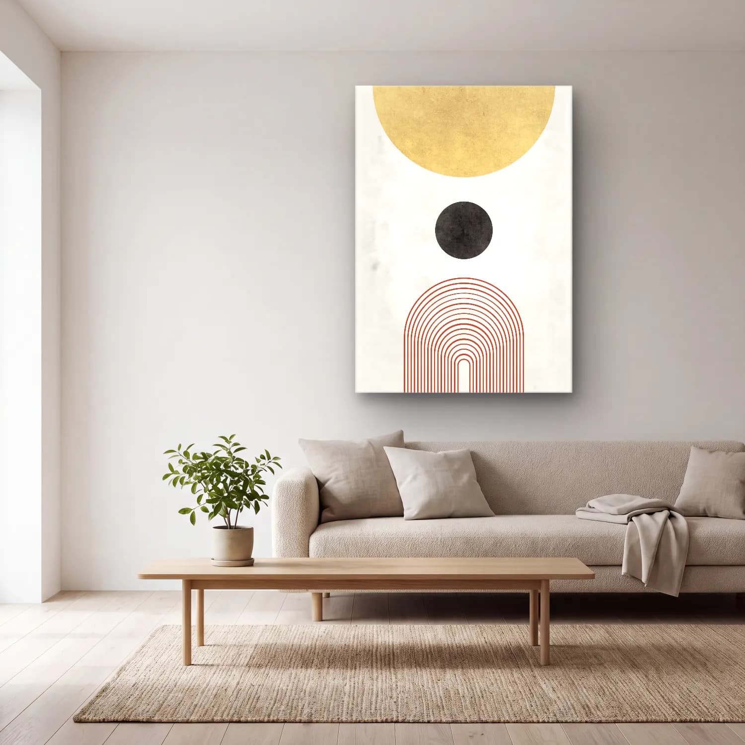 Boho Geometrik Daireler No. 6 cam tablo — açık renk salonda